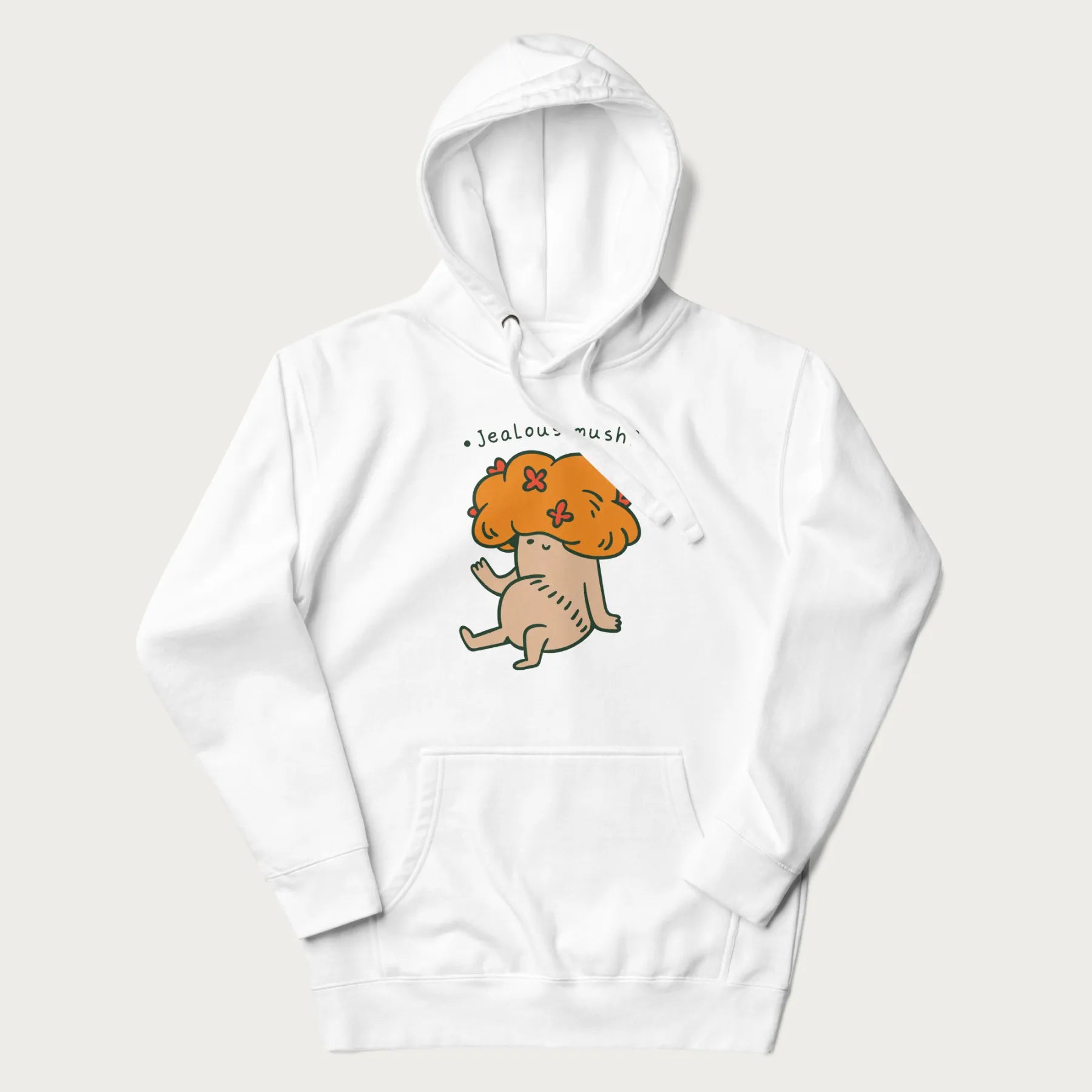 White hoodie with a graphic of a mushroom character with an orange cap and the text 'Jealous mush?'.