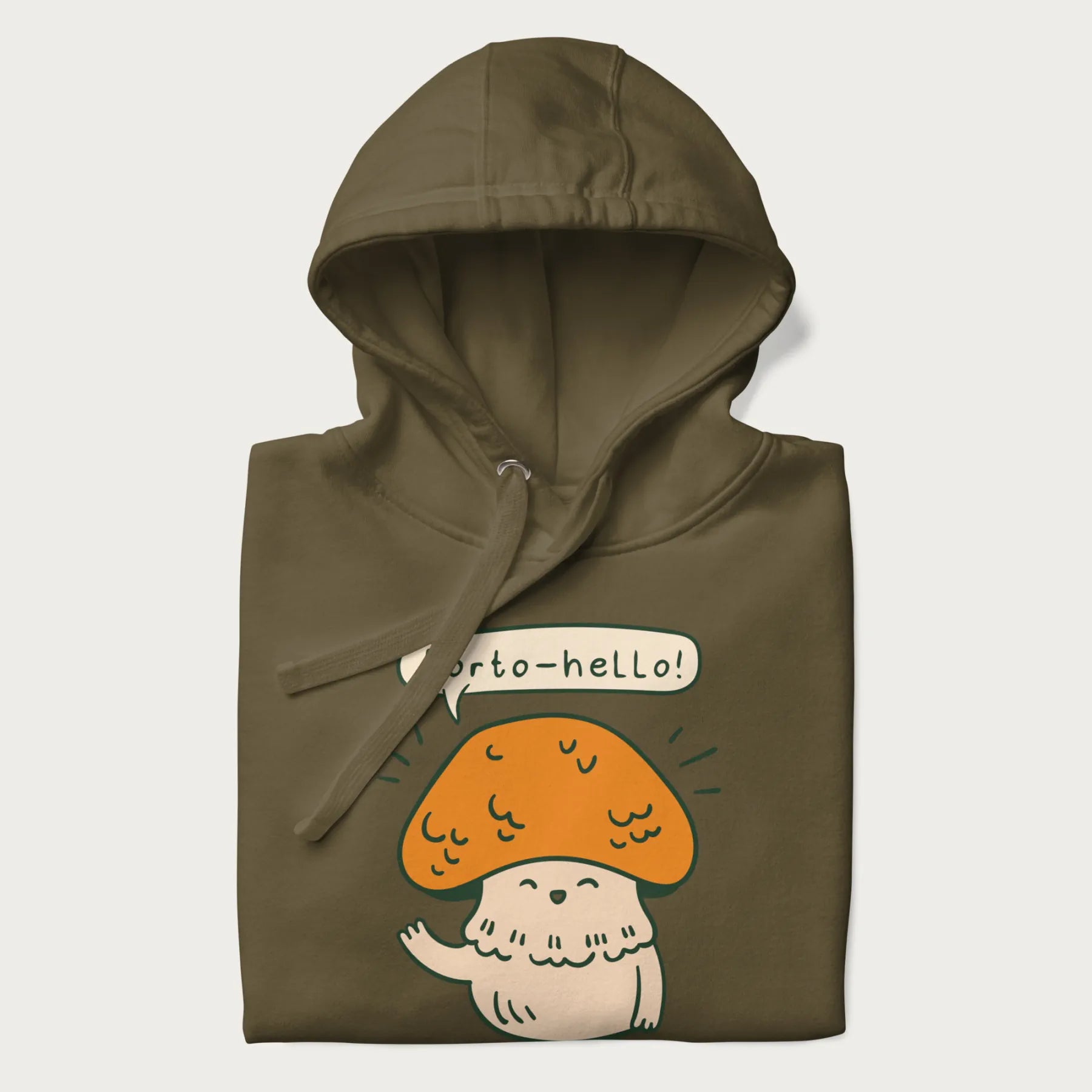 Folded military green hoodie with a graphic of a cheerful mushroom character and the text 'Porto-hello!'.