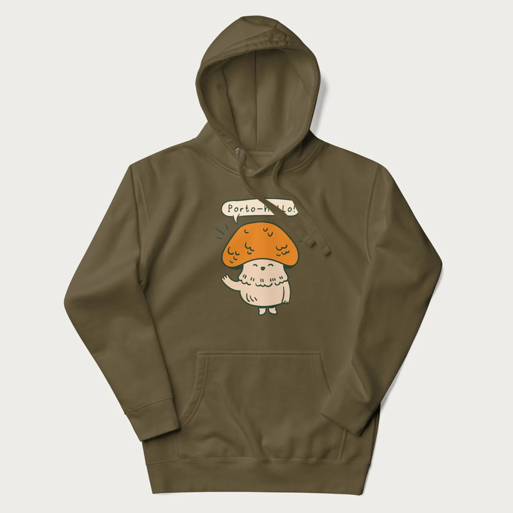 Military green hoodie with a graphic of a cheerful mushroom character and the text 'Porto-hello!'.