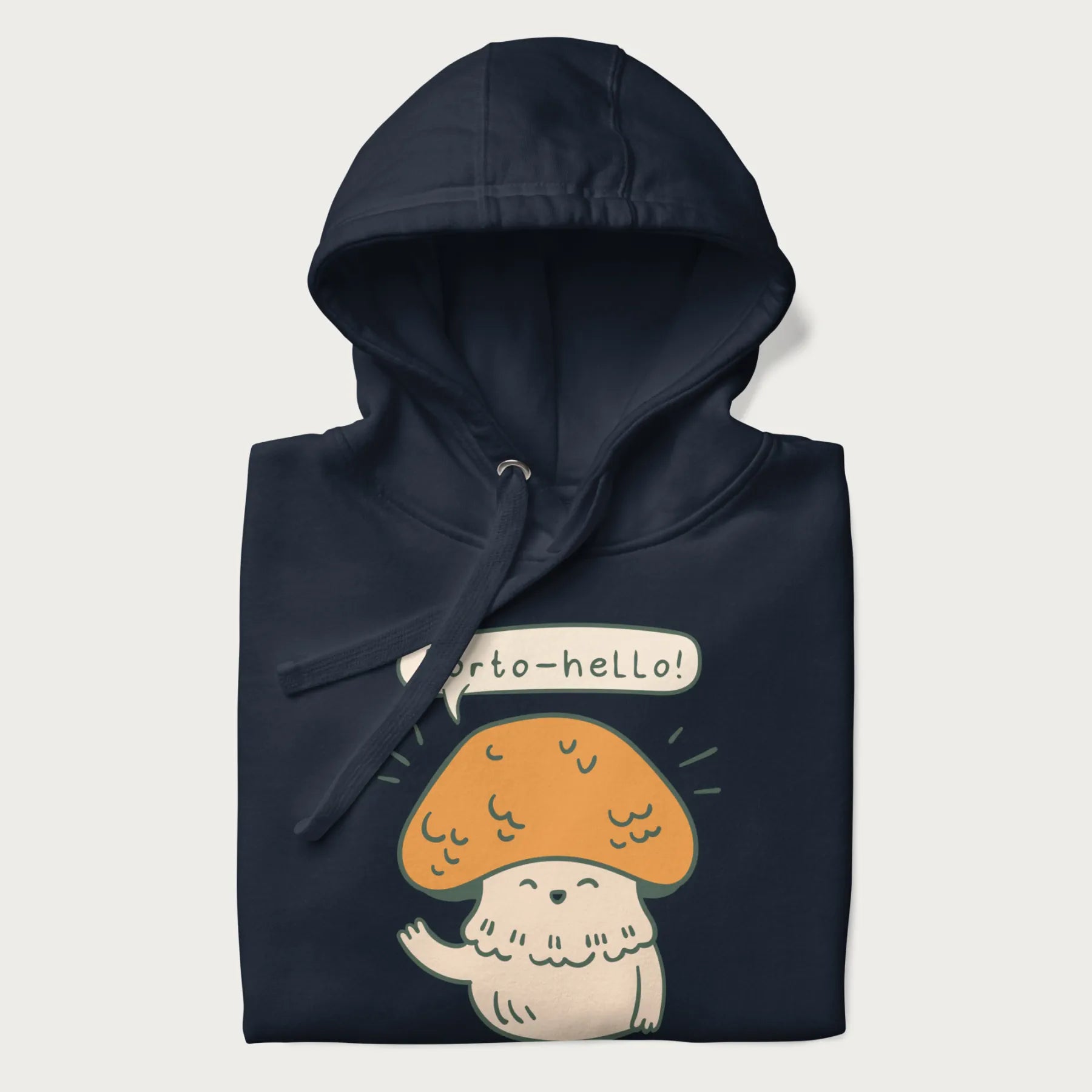 Folded navy blue hoodie with a graphic of a cheerful mushroom character and the text 'Porto-hello!'.