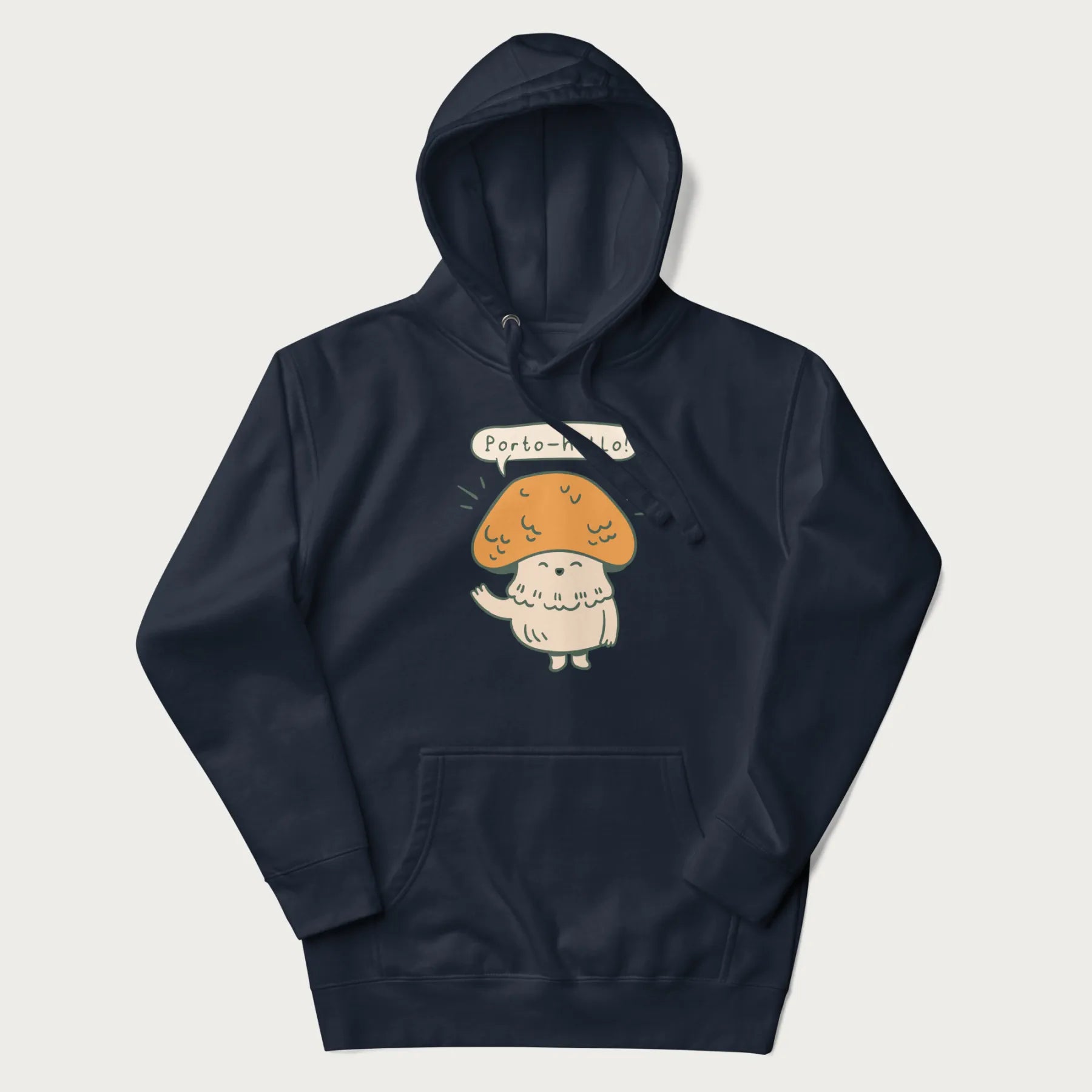 Navy blue hoodie with a graphic of a cheerful mushroom character and the text 'Porto-hello!'.