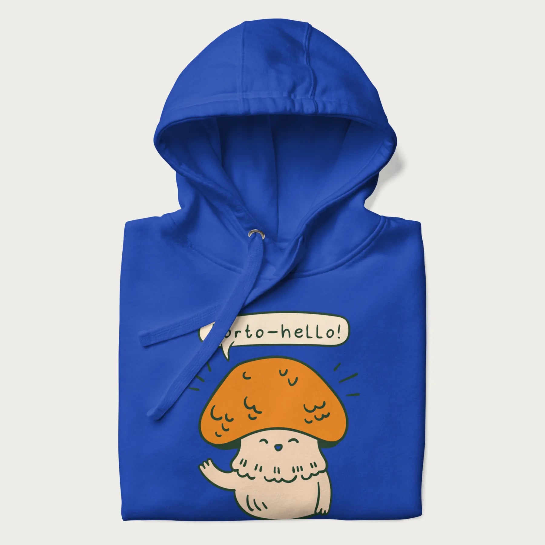 Folded royal blue hoodie with a graphic of a cheerful mushroom character and the text 'Porto-hello!'.