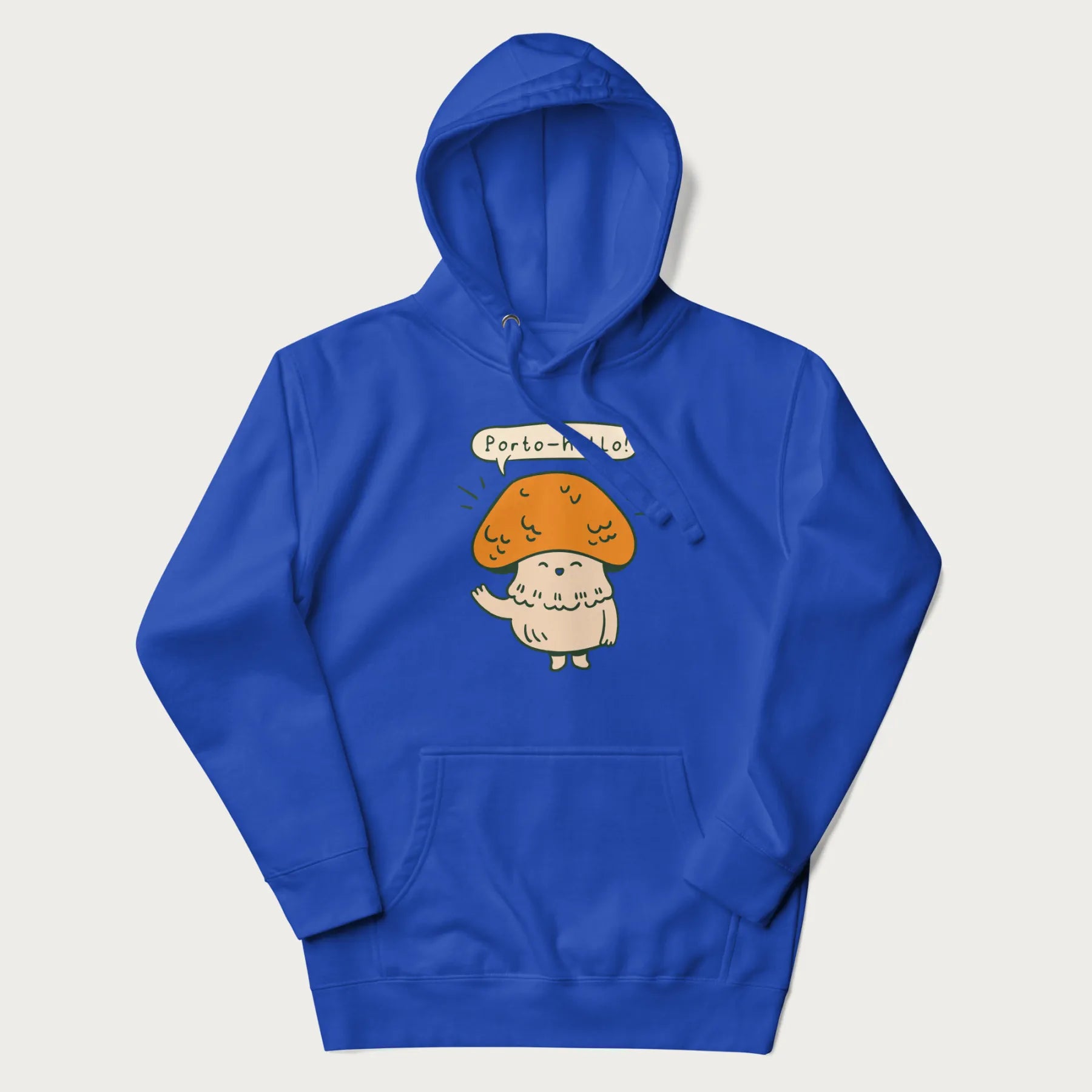 Royal blue hoodie with a graphic of a cheerful mushroom character and the text 'Porto-hello!'.