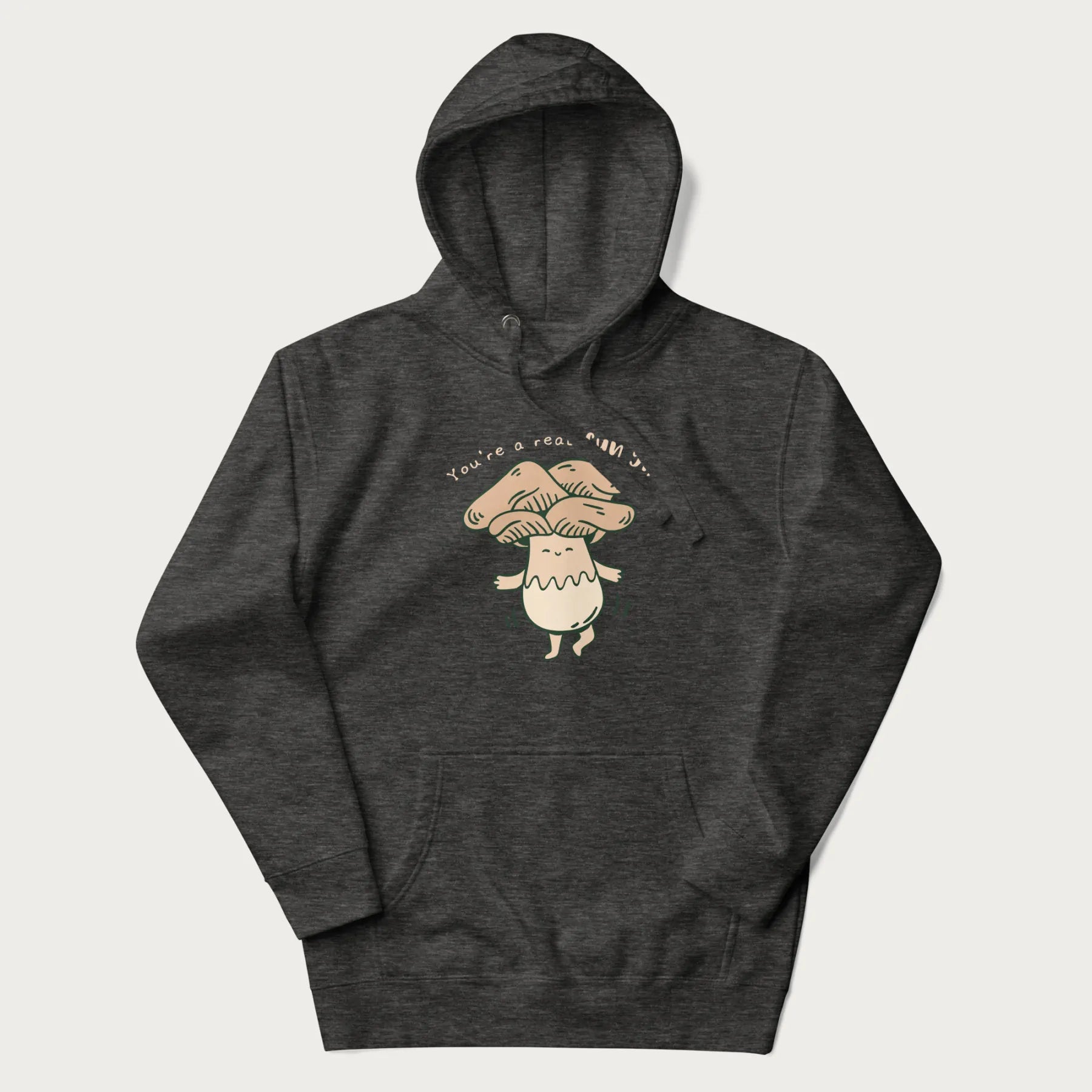 Dark grey hoodie with a graphic of a happy mushroom character and the text 'You're a real fun-gi!'.