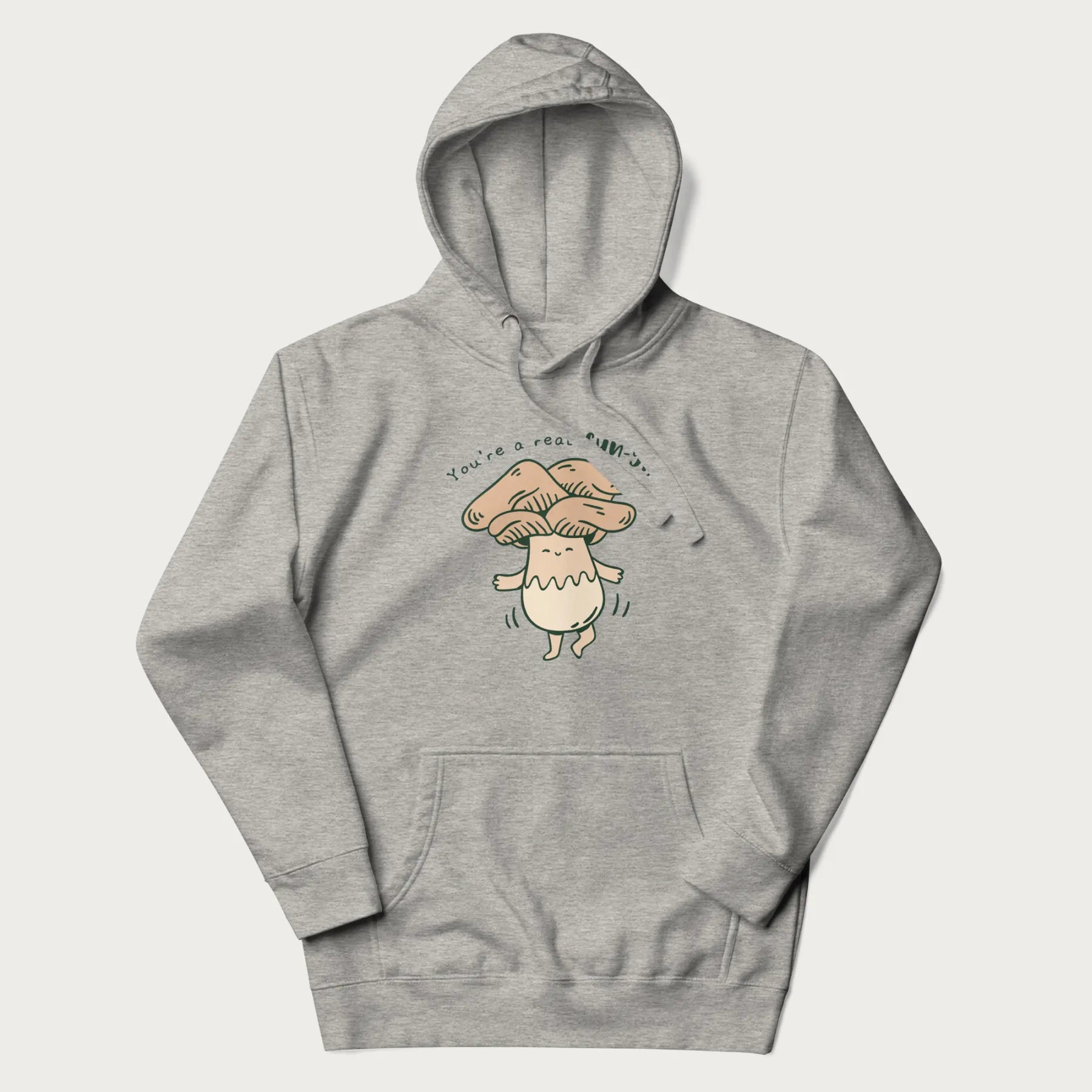 Light grey hoodie with a graphic of a happy mushroom character and the text 'You're a real fun-gi!'.