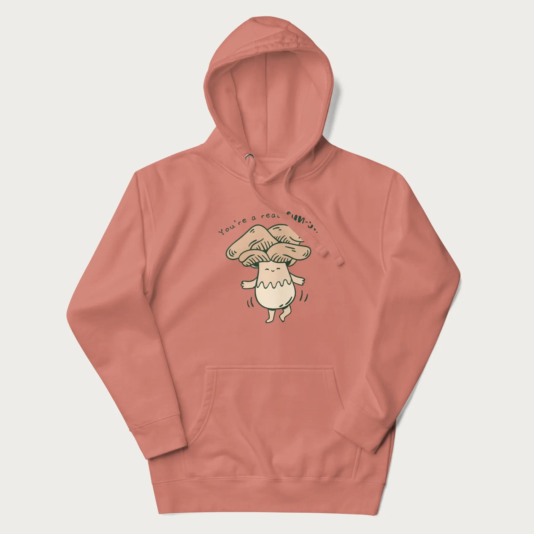 Light pink hoodie with a graphic of a happy mushroom character and the text 'You're a real fun-gi!'.