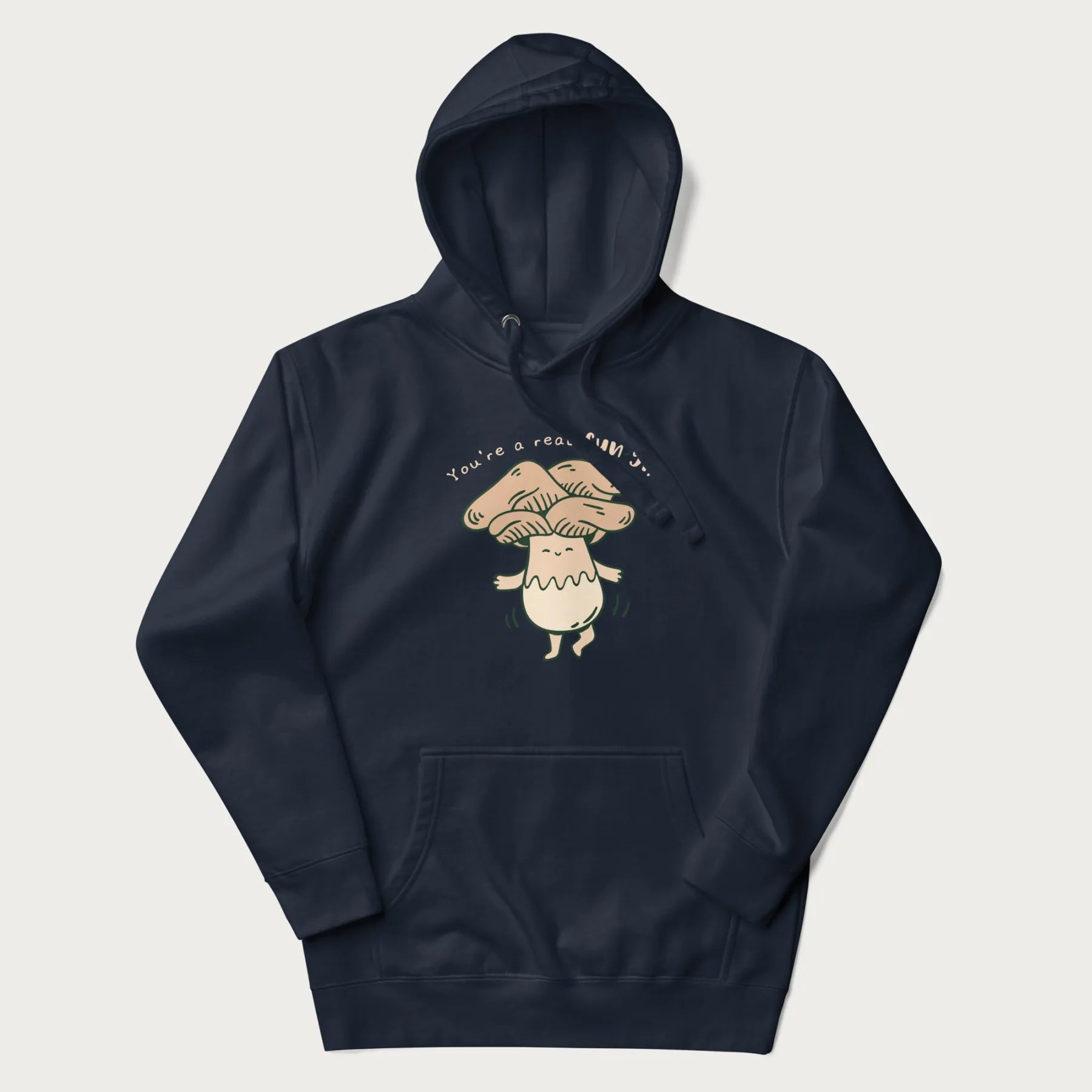 Navy blue hoodie with a graphic of a happy mushroom character and the text 'You're a real fun-gi!'.