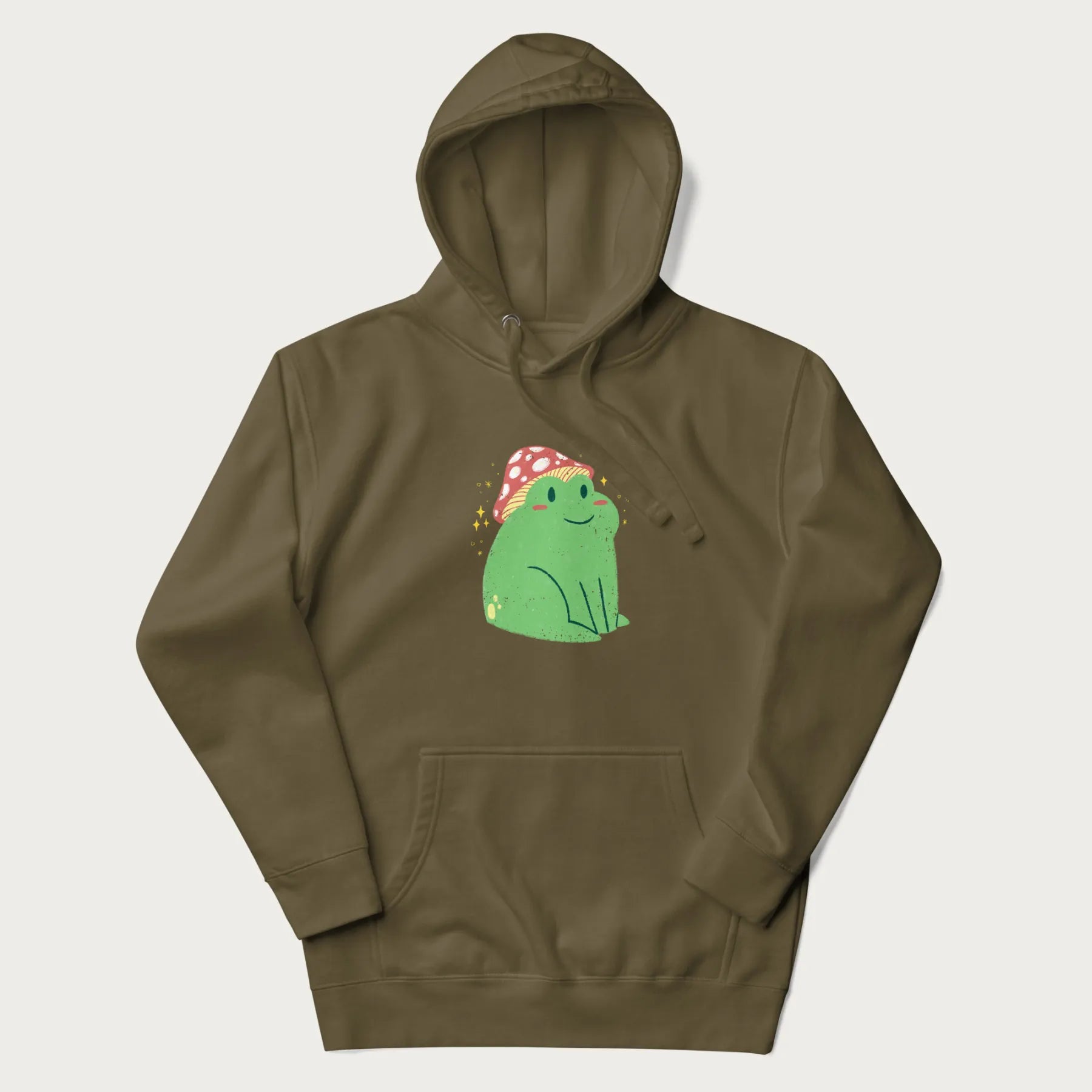 Military green hoodie with a graphic of a green frog wearing a mushroom cap surrounded by stars.