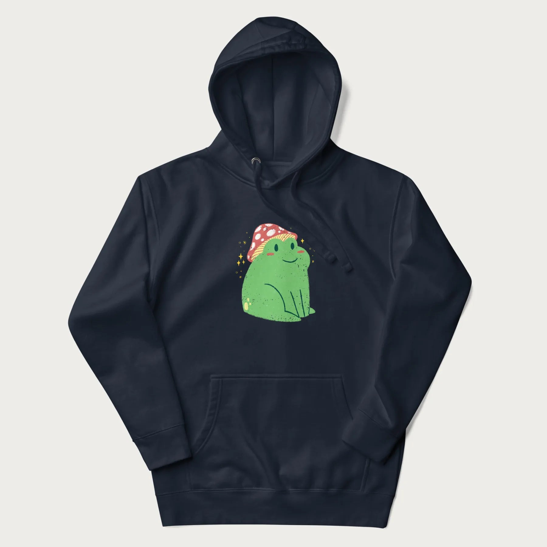 Navy blue hoodie with a graphic of a green frog wearing a mushroom cap surrounded by stars.