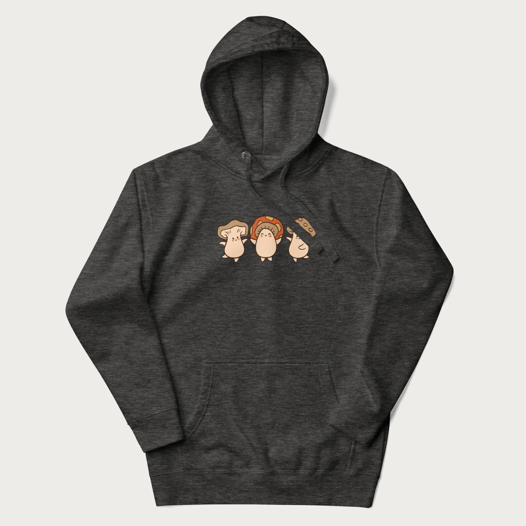 Dark grey hoodie with a graphic illustration of three cheerful dancing mushrooms.