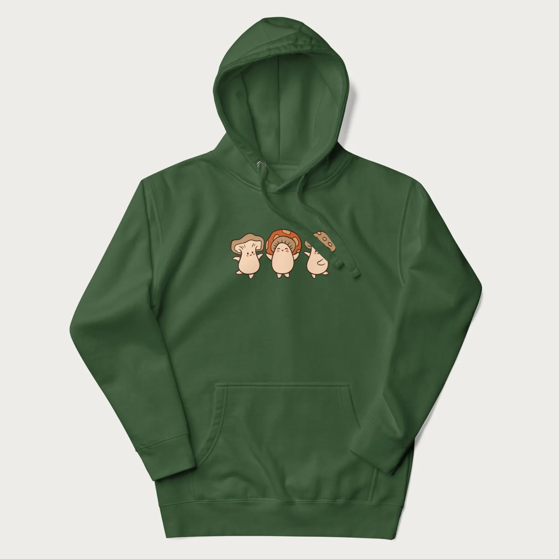 Forest green hoodie with a graphic illustration of three cheerful dancing mushrooms.