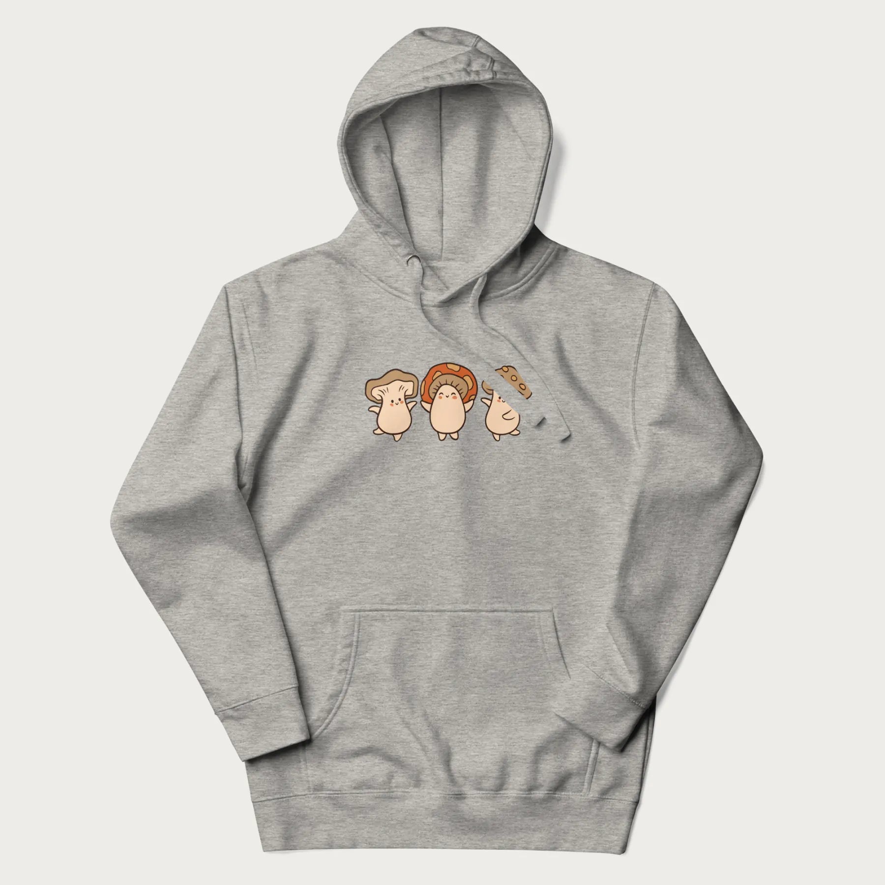 Light grey hoodie with a graphic illustration of three cheerful dancing mushrooms.