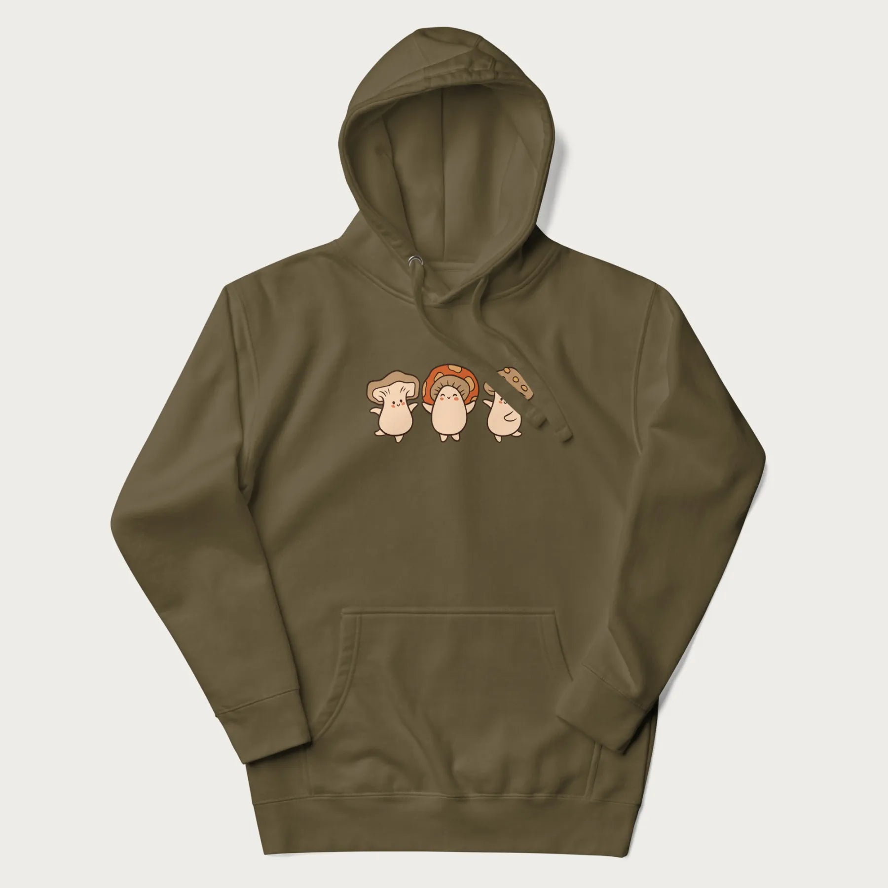 Military green hoodie with a graphic illustration of three cheerful dancing mushrooms.