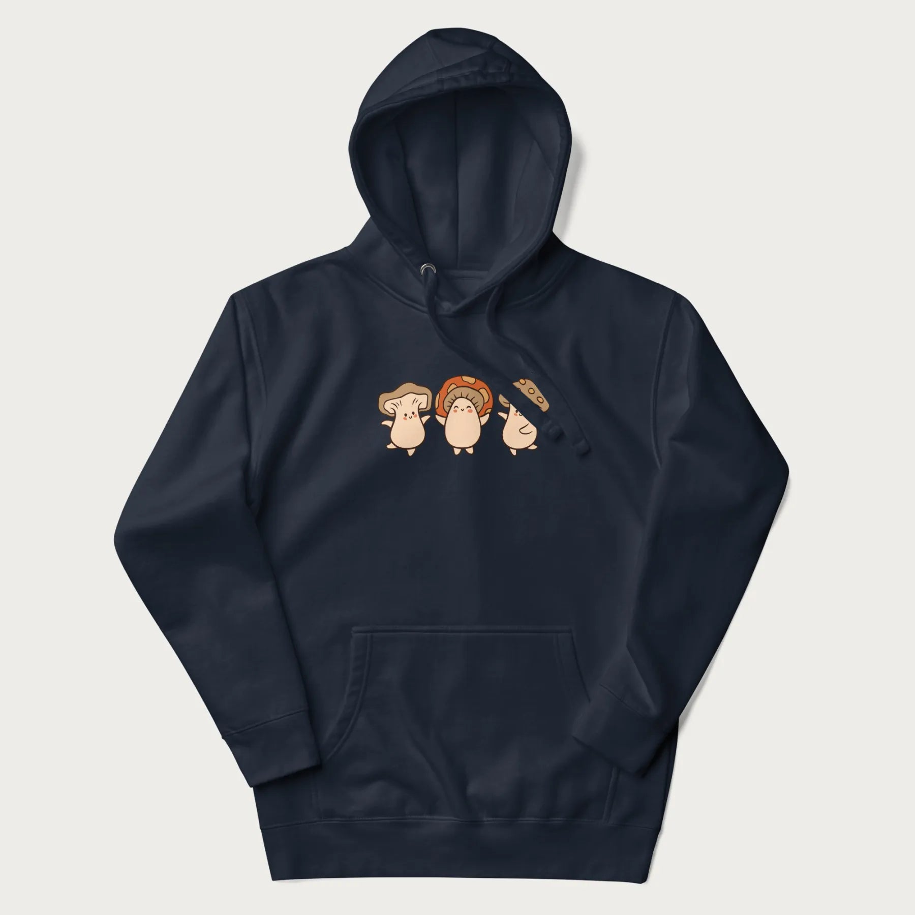 Navy blue hoodie with a graphic illustration of three cheerful dancing mushrooms.