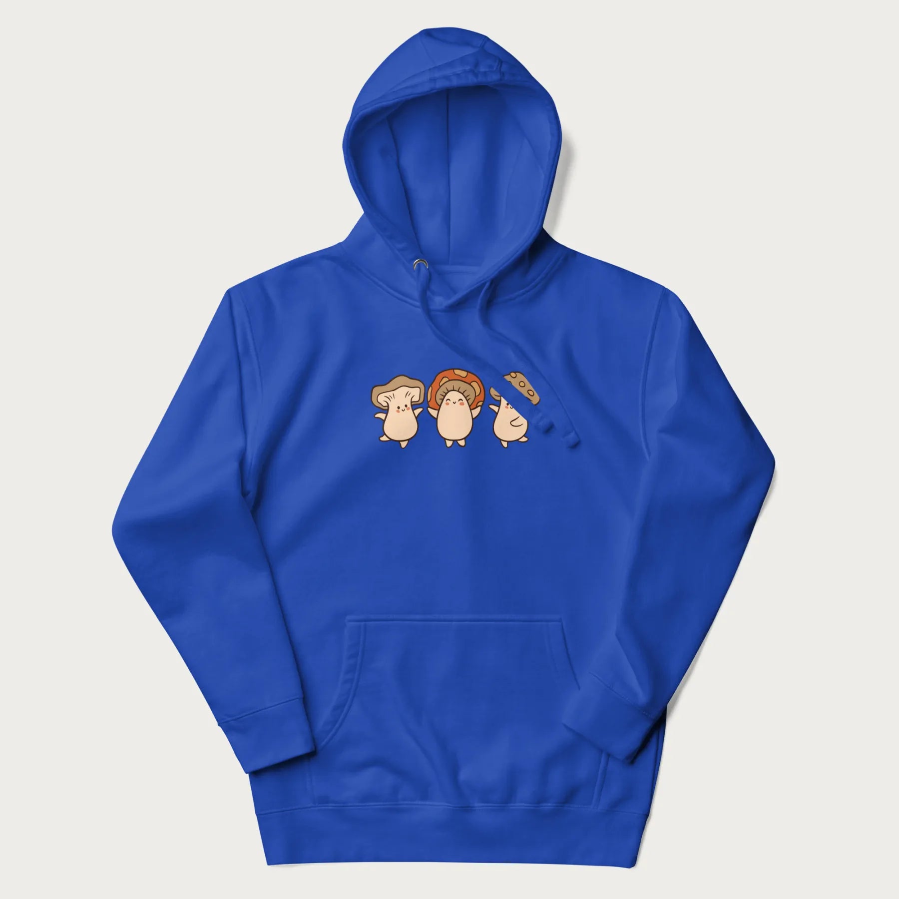 Royal blue hoodie with a graphic illustration of three cheerful dancing mushrooms.