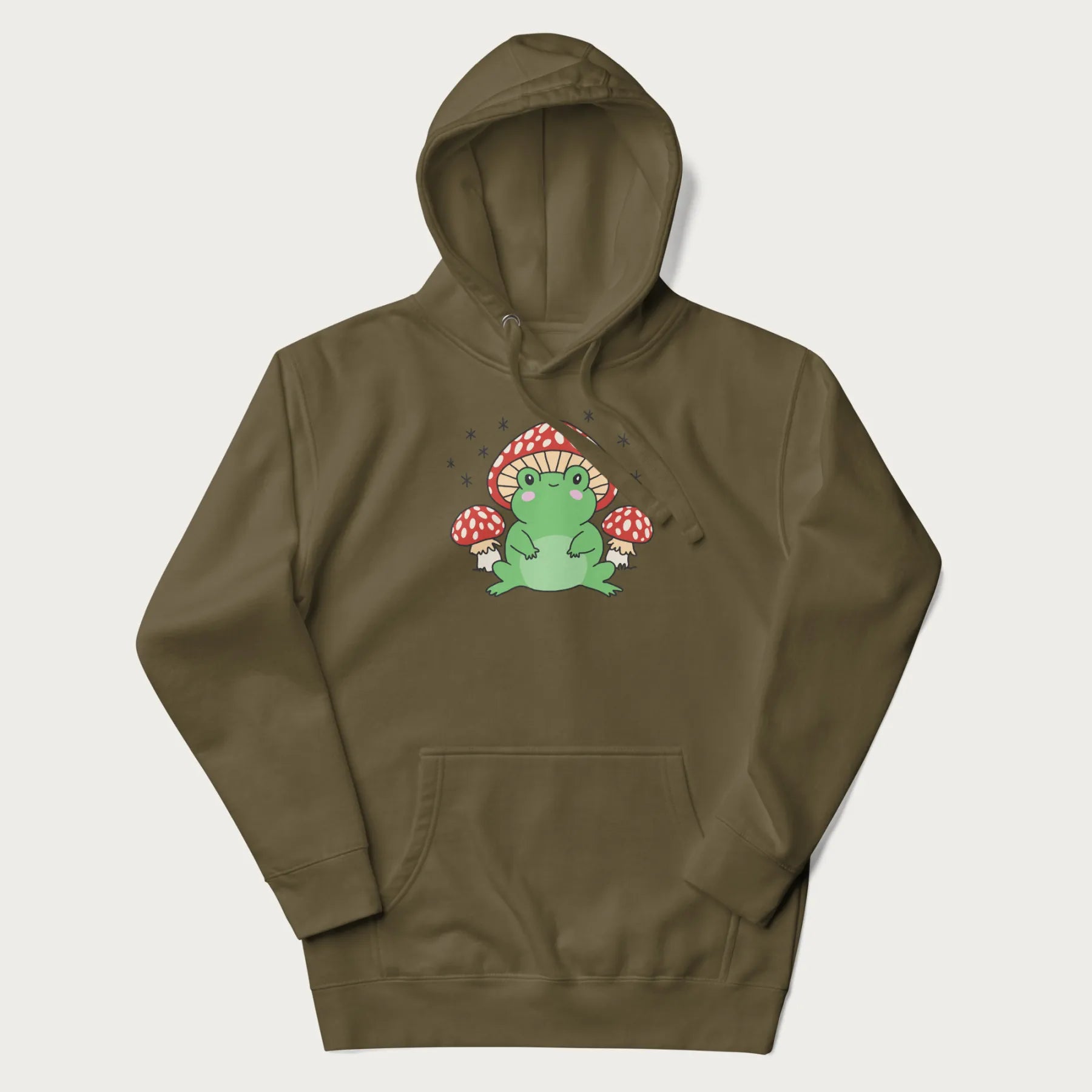 Military green hoodie will illustration of a cute green frog with red and white mushrooms.