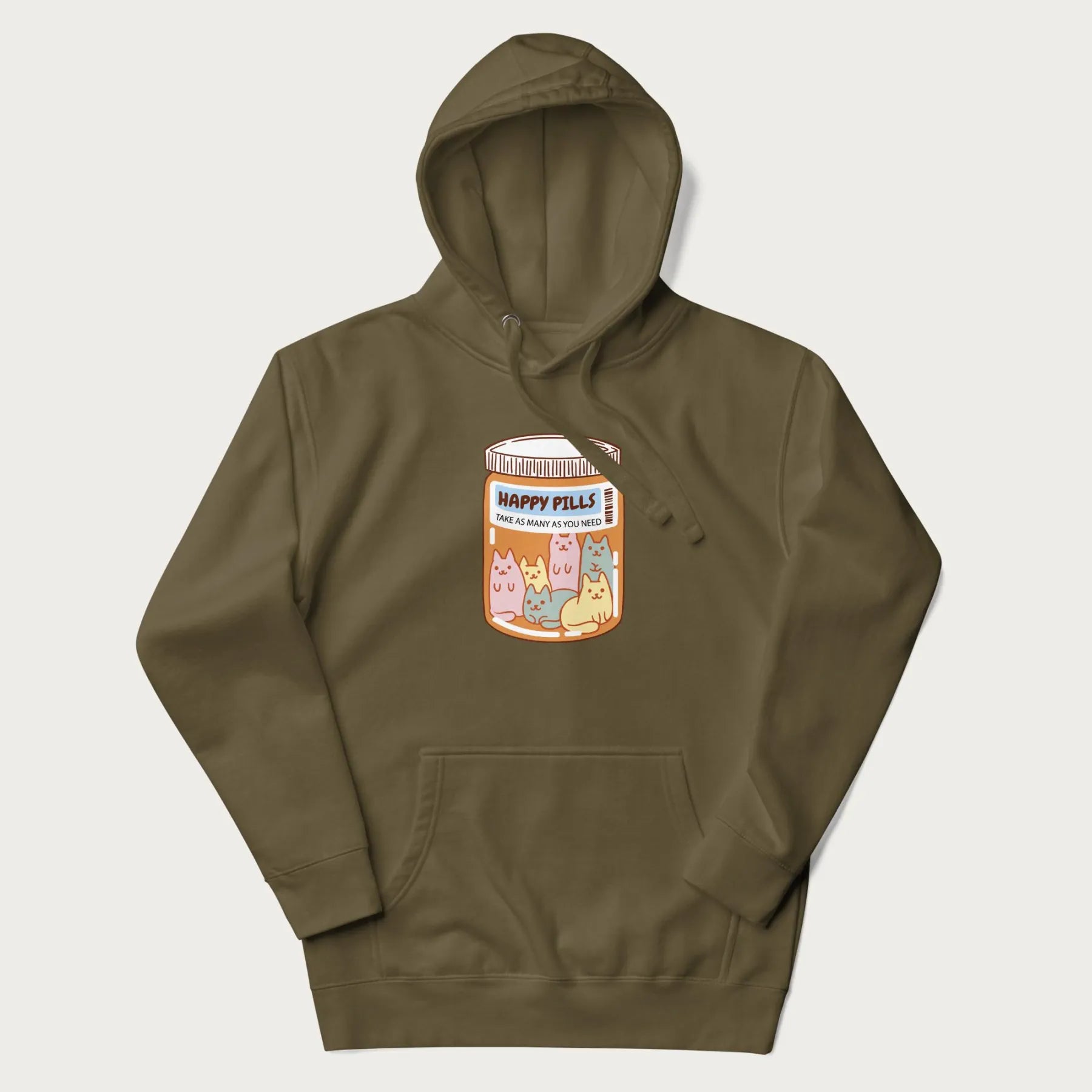 Cartoon cats in a pill bottle labeled 'Happy Pills' on a military green hoodie.