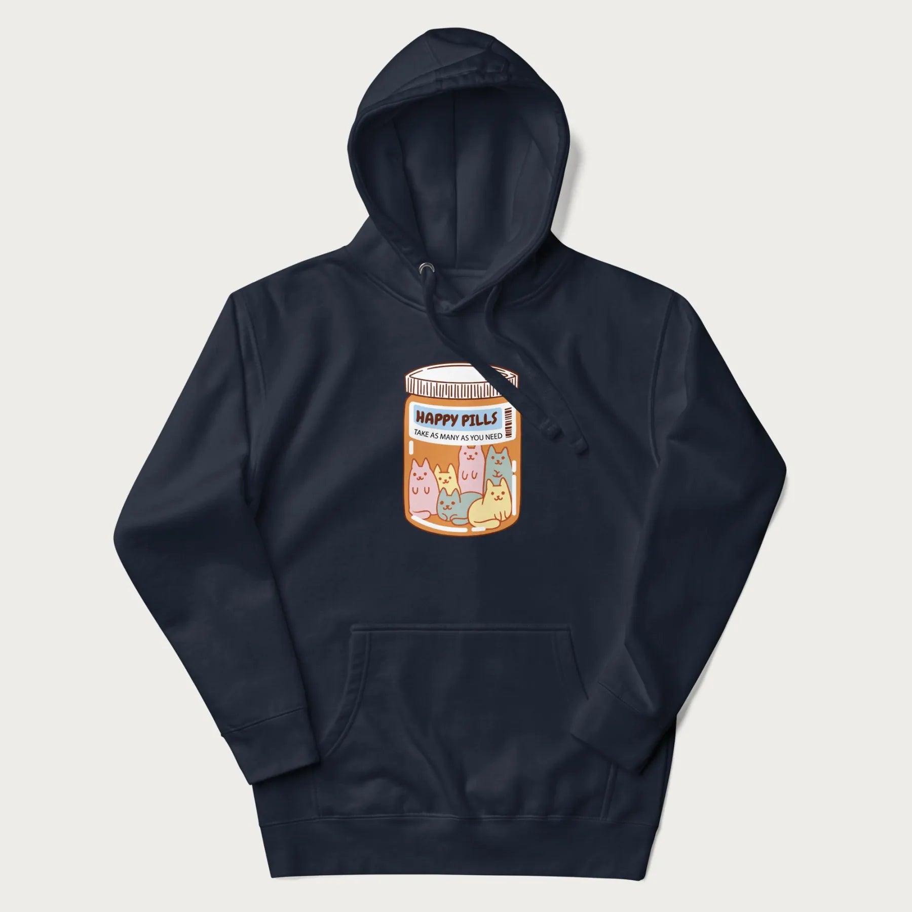 Cartoon cats in a pill bottle labeled 'Happy Pills' on a navy blue hoodie.