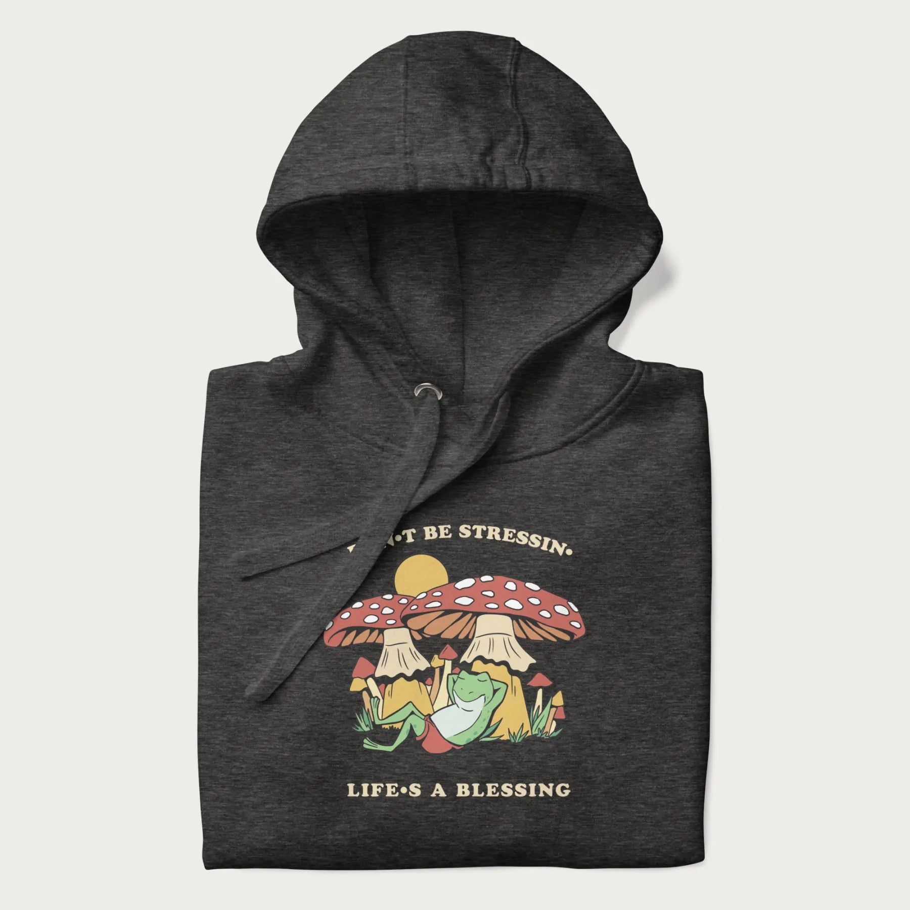 Folded dark grey hoodie with a graphic of a frog lounging under mushrooms and the phrases 'Don't Be Stressin' Life's a Blessing'.