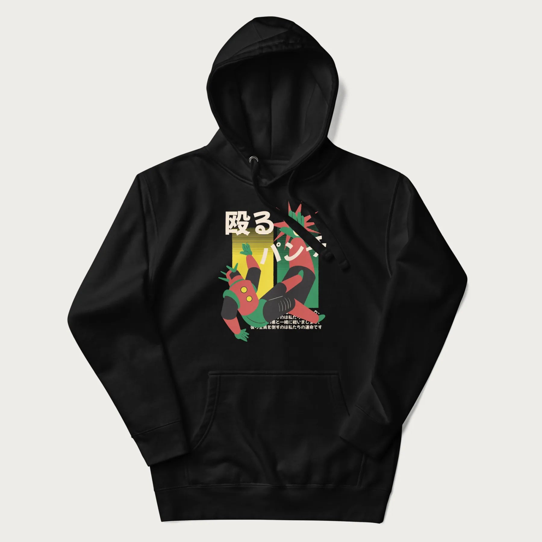 Black hoodie with Japanese graphic of a mech warrior in mid-battle, highlighted by Japanese text and dynamic retro color palette.