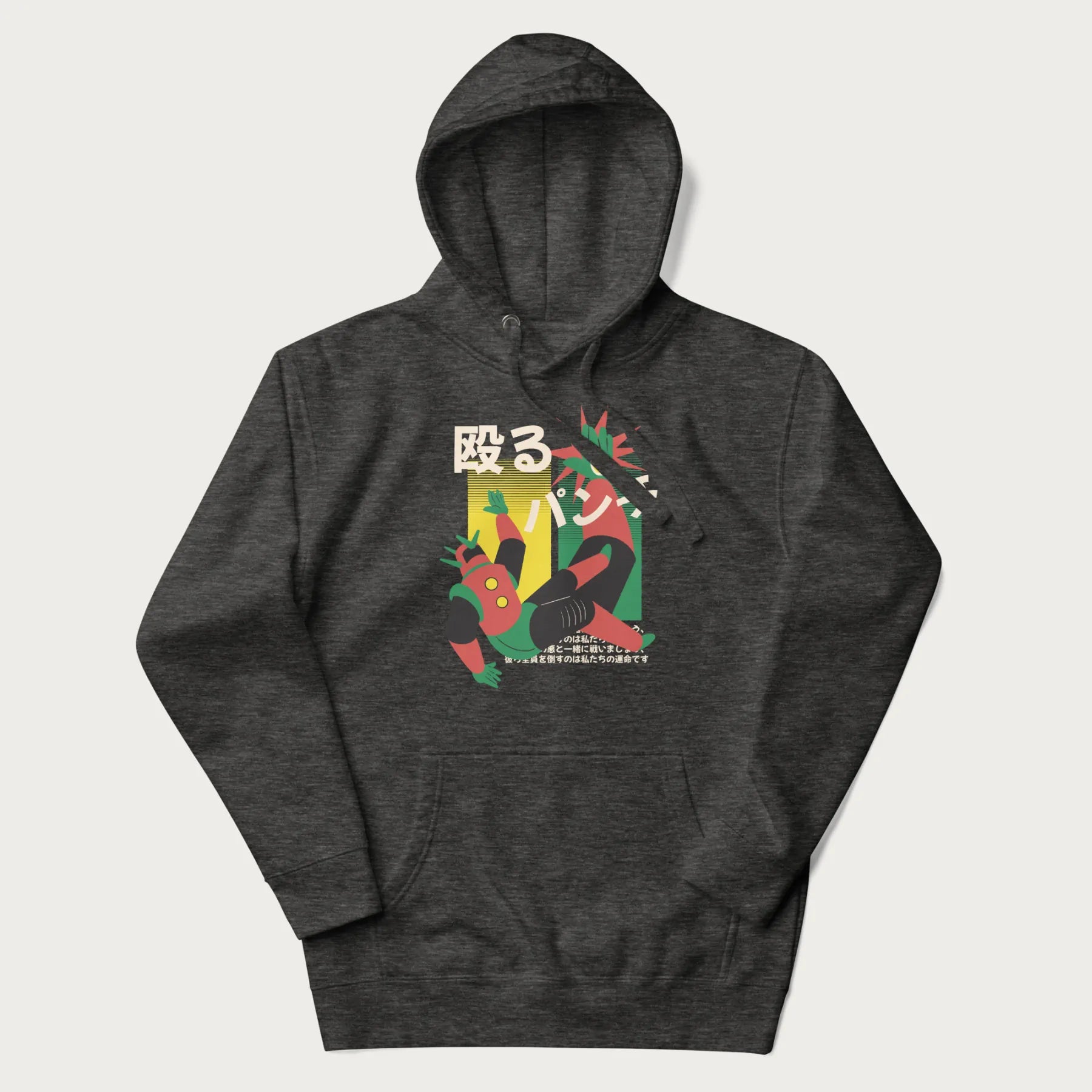 Dark grey hoodie with Japanese graphic of a mech warrior in mid-battle, highlighted by Japanese text and dynamic retro color palette.