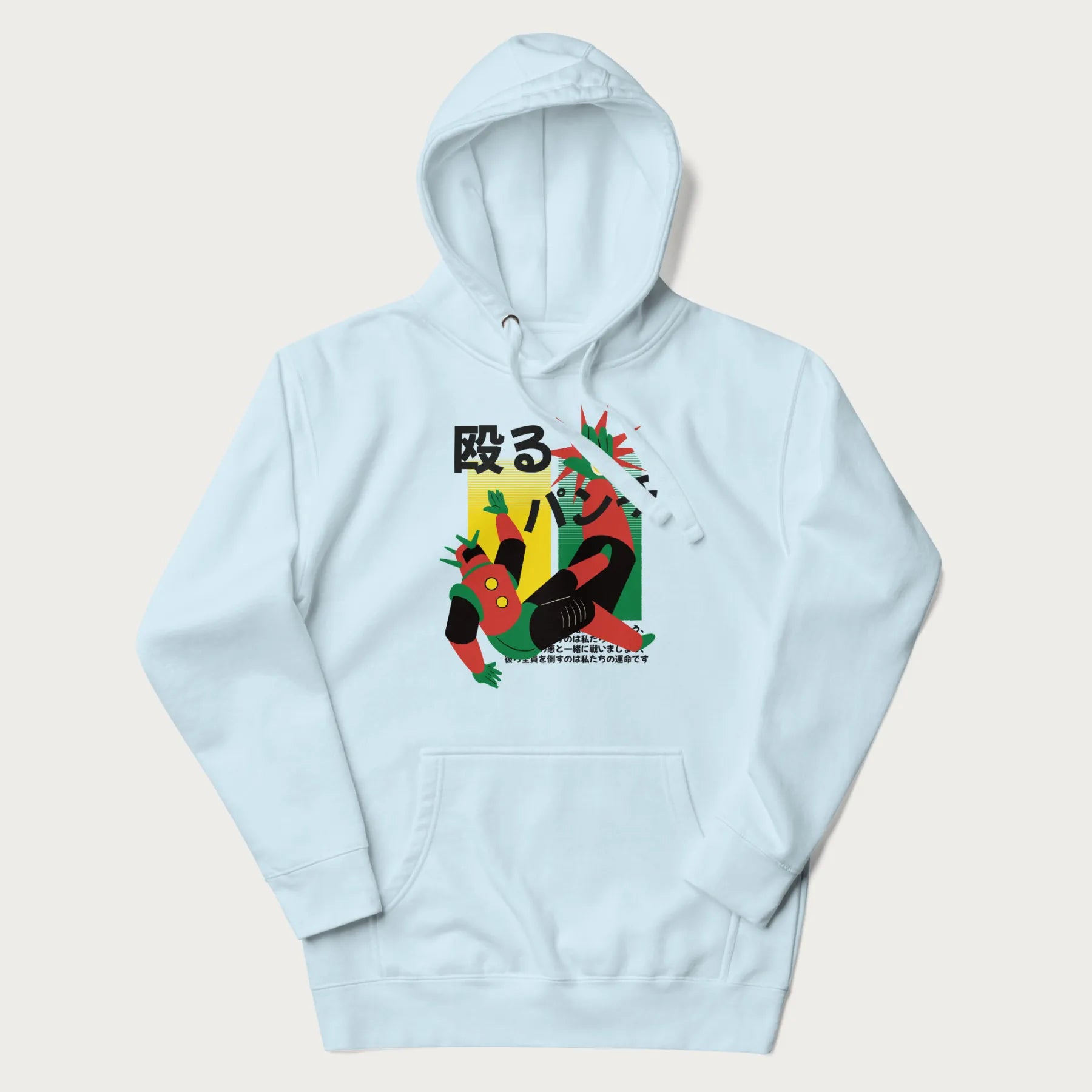 Light blue hoodie with Japanese graphic of a mech warrior in mid-battle, highlighted by Japanese text and dynamic retro color palette.