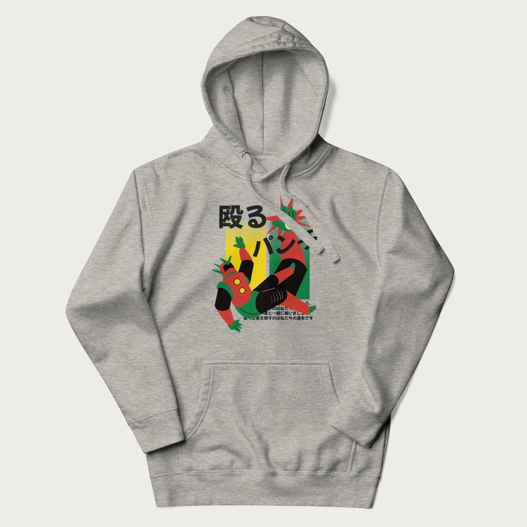 Light grey hoodie with Japanese graphic of a mech warrior in mid-battle, highlighted by Japanese text and dynamic retro color palette.