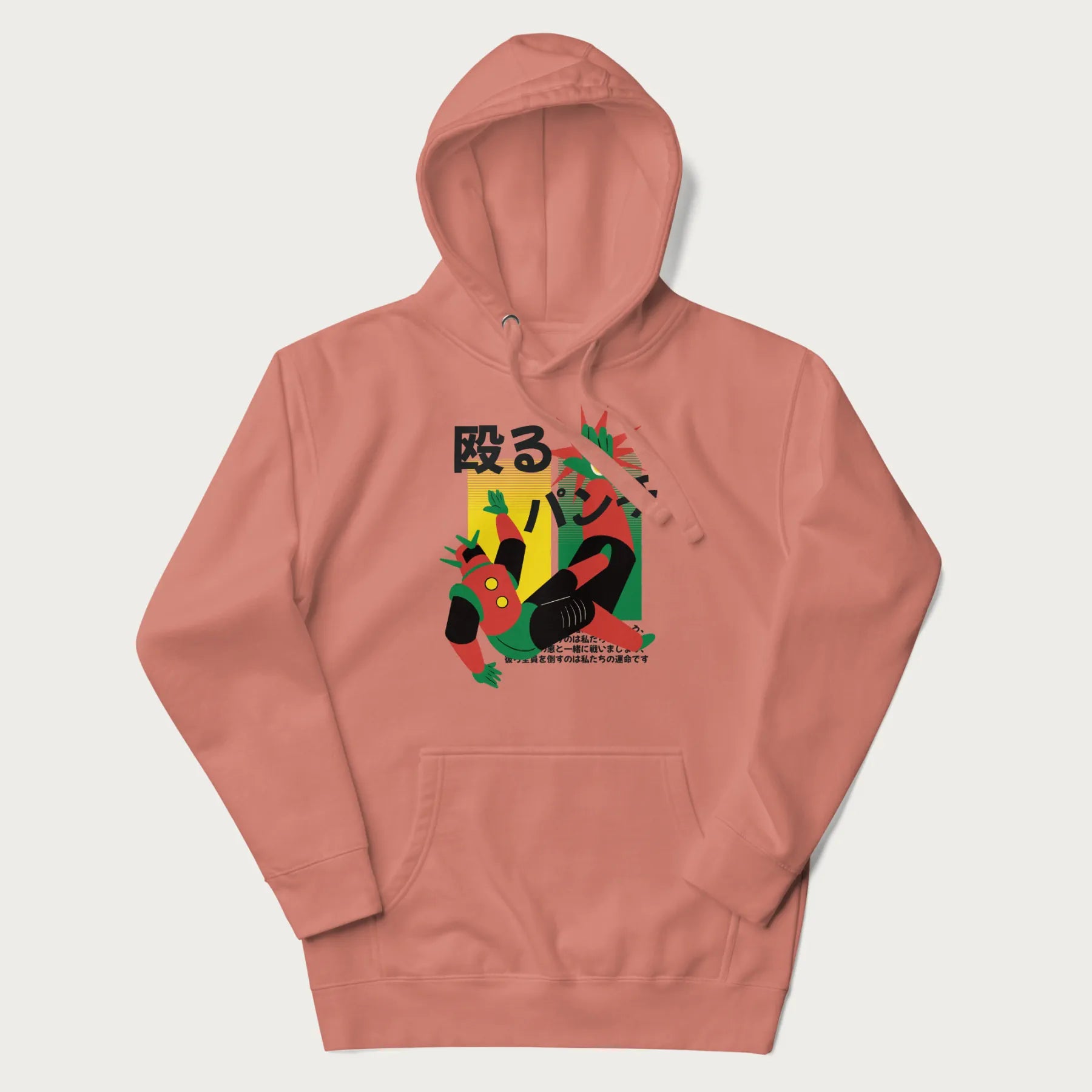 Light pink hoodie with Japanese graphic of a mech warrior in mid-battle, highlighted by Japanese text and dynamic retro color palette.