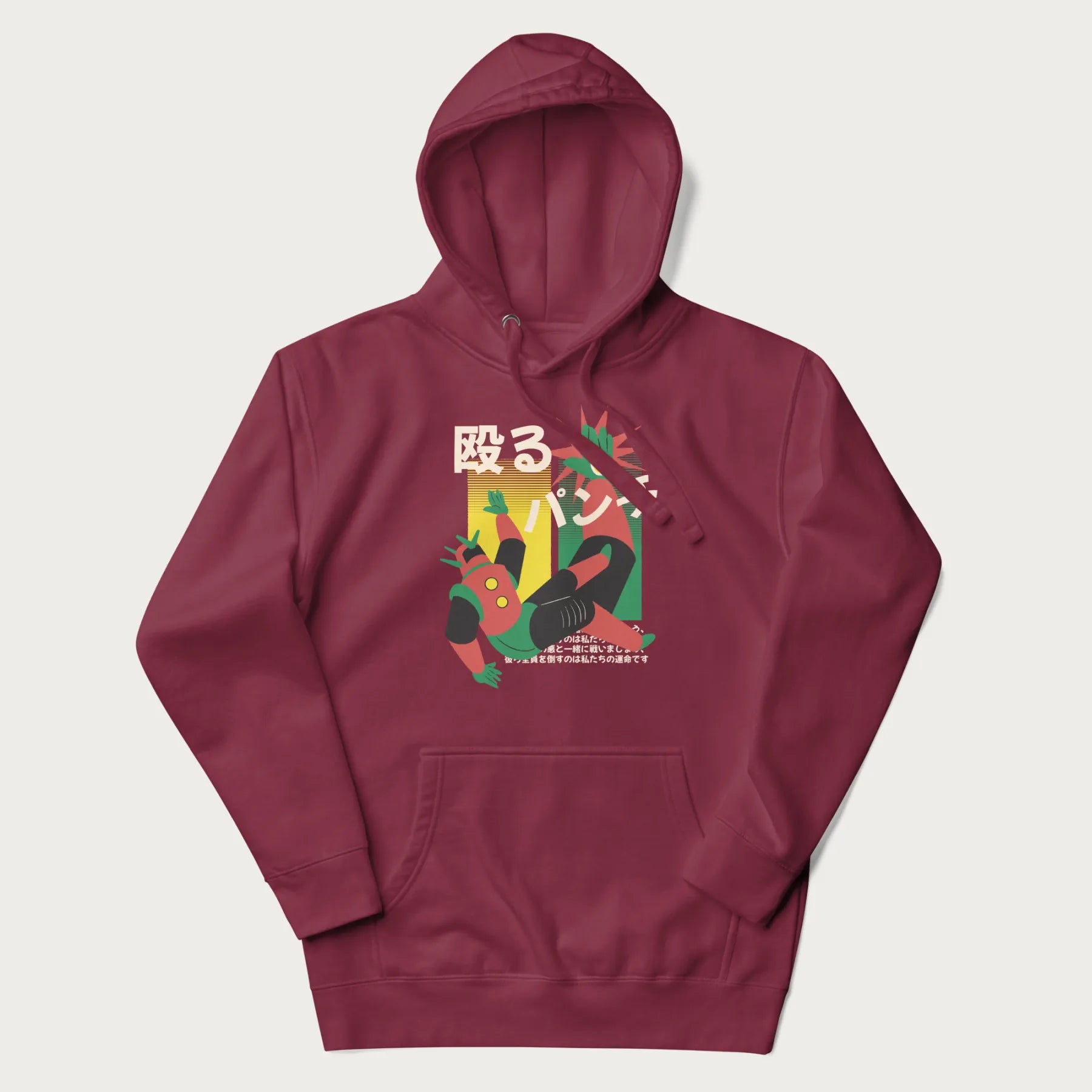 Maroon hoodie with Japanese graphic of a mech warrior in mid-battle, highlighted by Japanese text and dynamic retro color palette.
