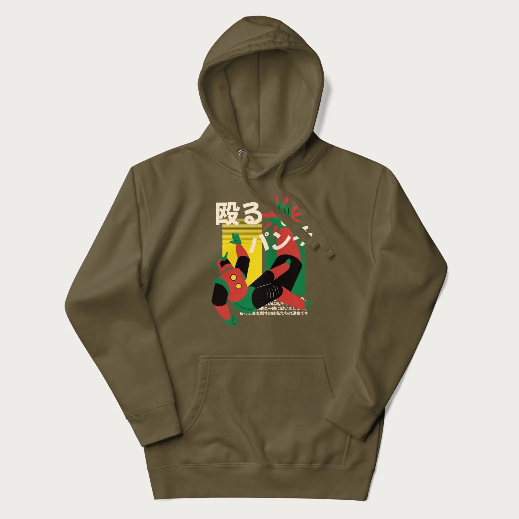 Military green hoodie with Japanese graphic of a mech warrior in mid-battle, highlighted by Japanese text and dynamic retro color palette.