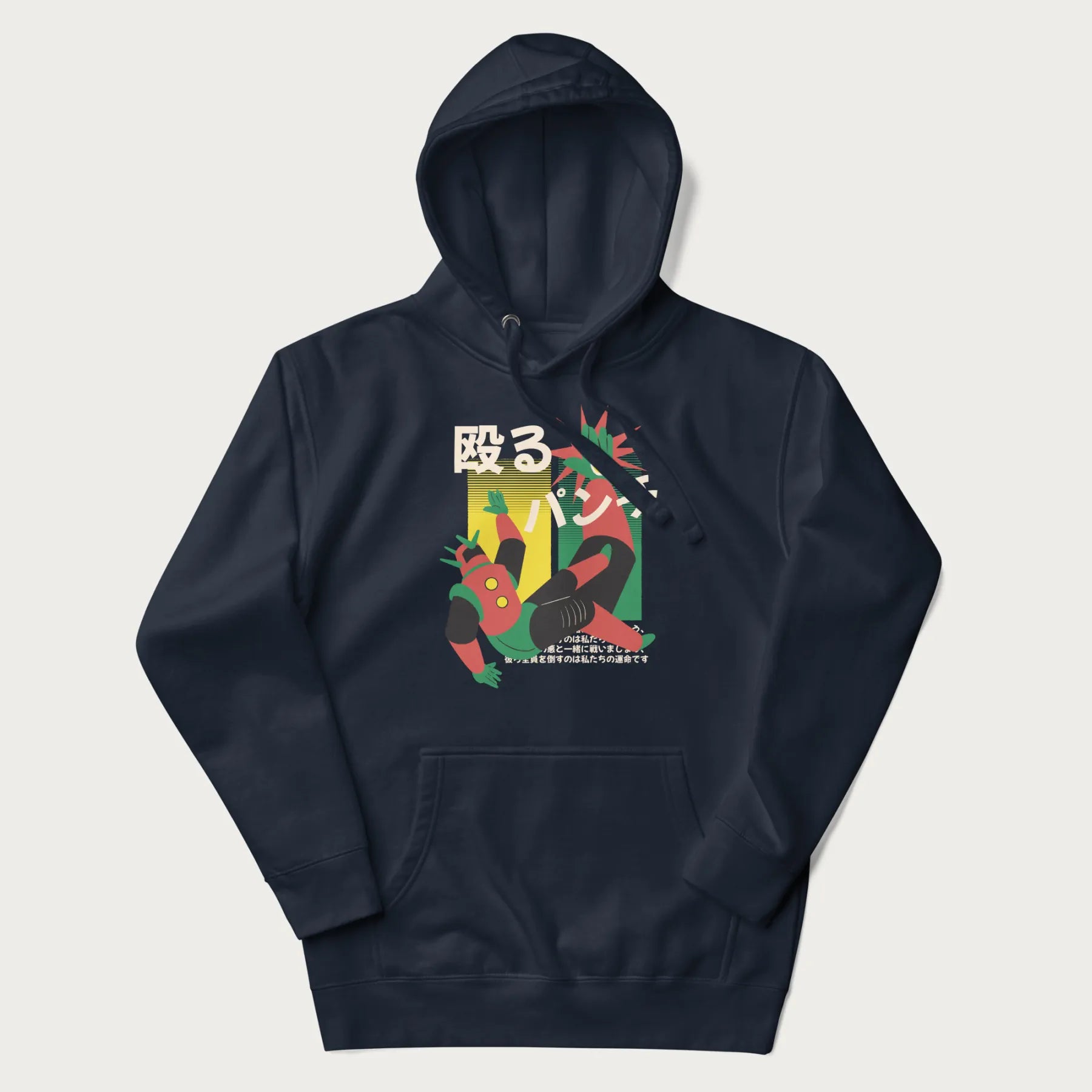 Navy blue hoodie with Japanese graphic of a mech warrior in mid-battle, highlighted by Japanese text and dynamic retro color palette.