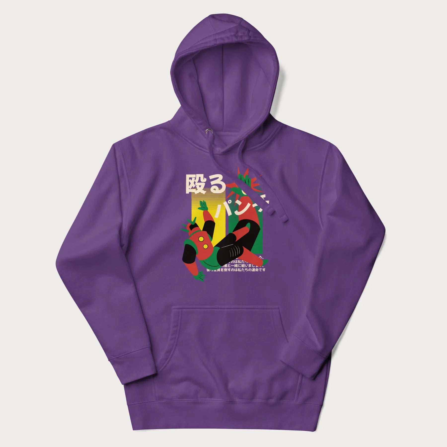Purple hoodie with Japanese graphic of a mech warrior in mid-battle, highlighted by Japanese text and dynamic retro color palette.
