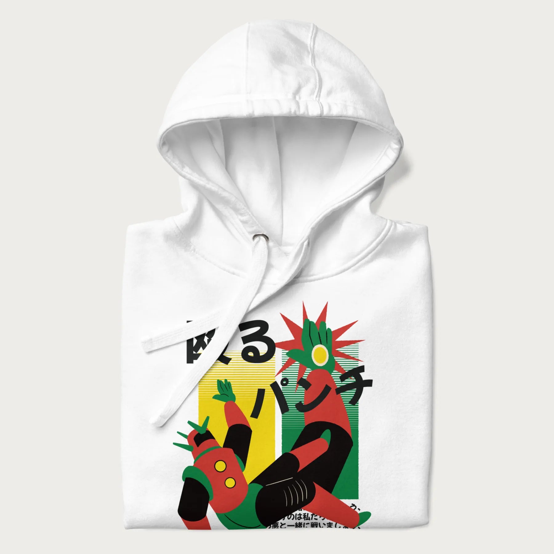 Folded white hoodie with Japanese graphic of a mech warrior in mid-battle, highlighted by Japanese text and dynamic retro color palette.