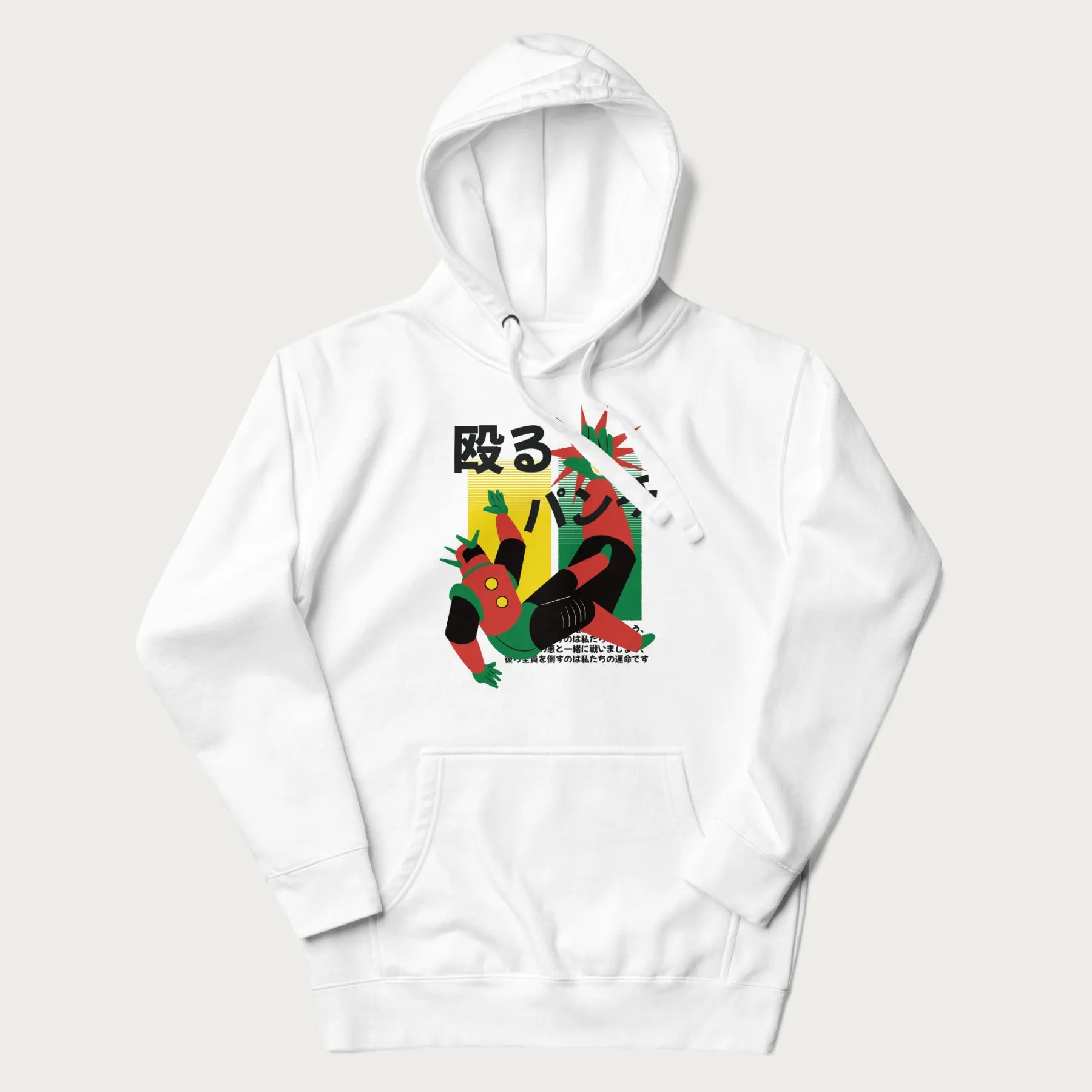 White hoodie with Japanese graphic of a mech warrior in mid-battle, highlighted by Japanese text and dynamic retro color palette.