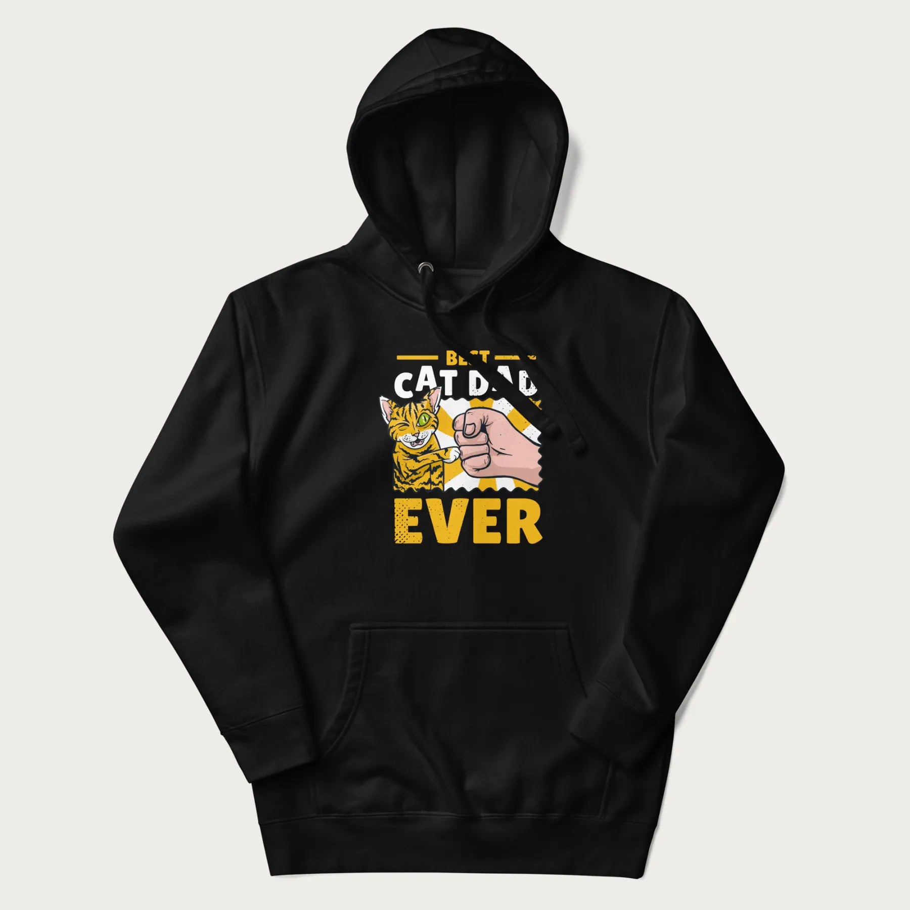 Black hoodie with a graphic of a tabby cat and a human fist bumping, with 'Best Cat Dad Ever' in bold letters.