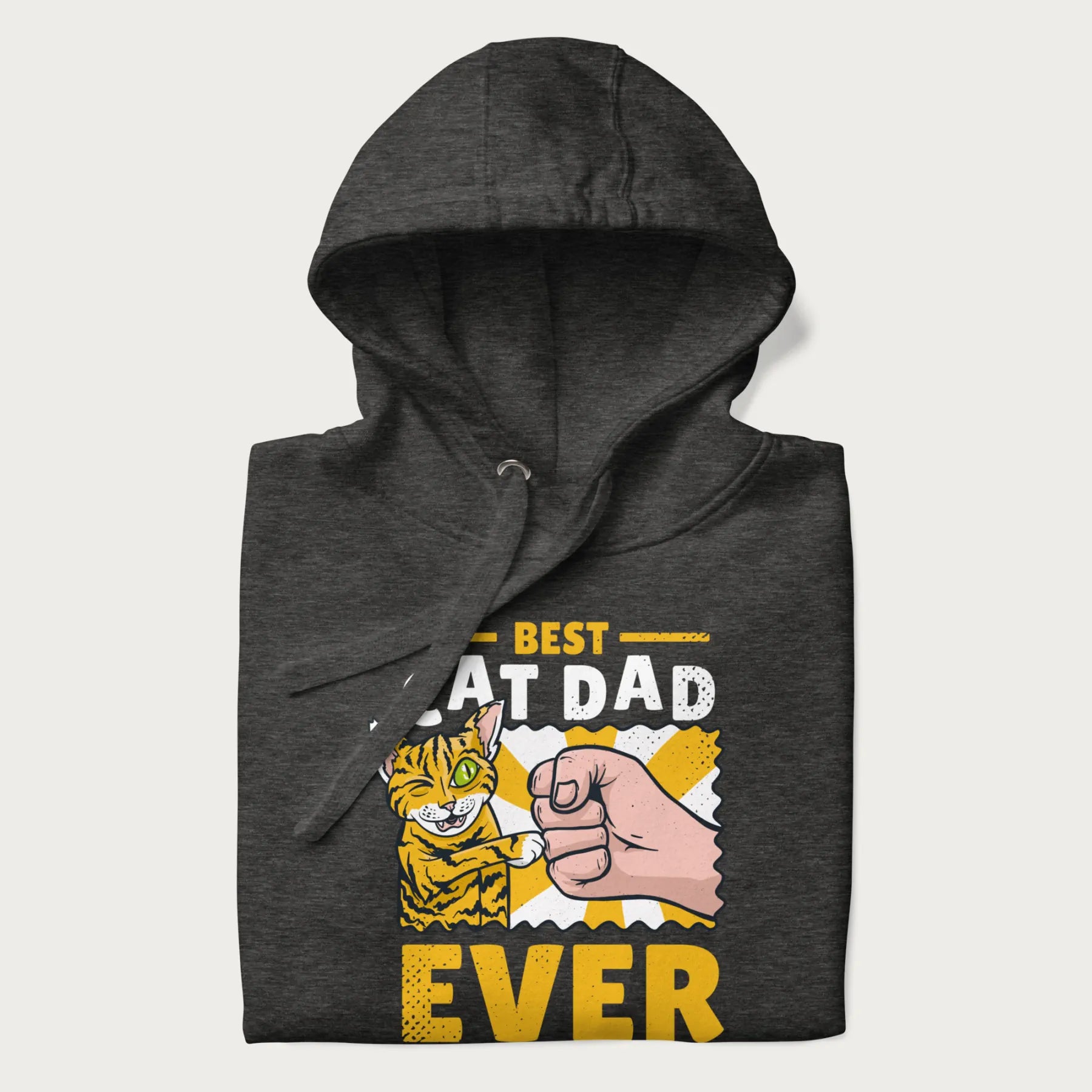Folded dark grey hoodie with a graphic of a tabby cat and a human fist bumping, with 'Best Cat Dad Ever' in bold letters.
