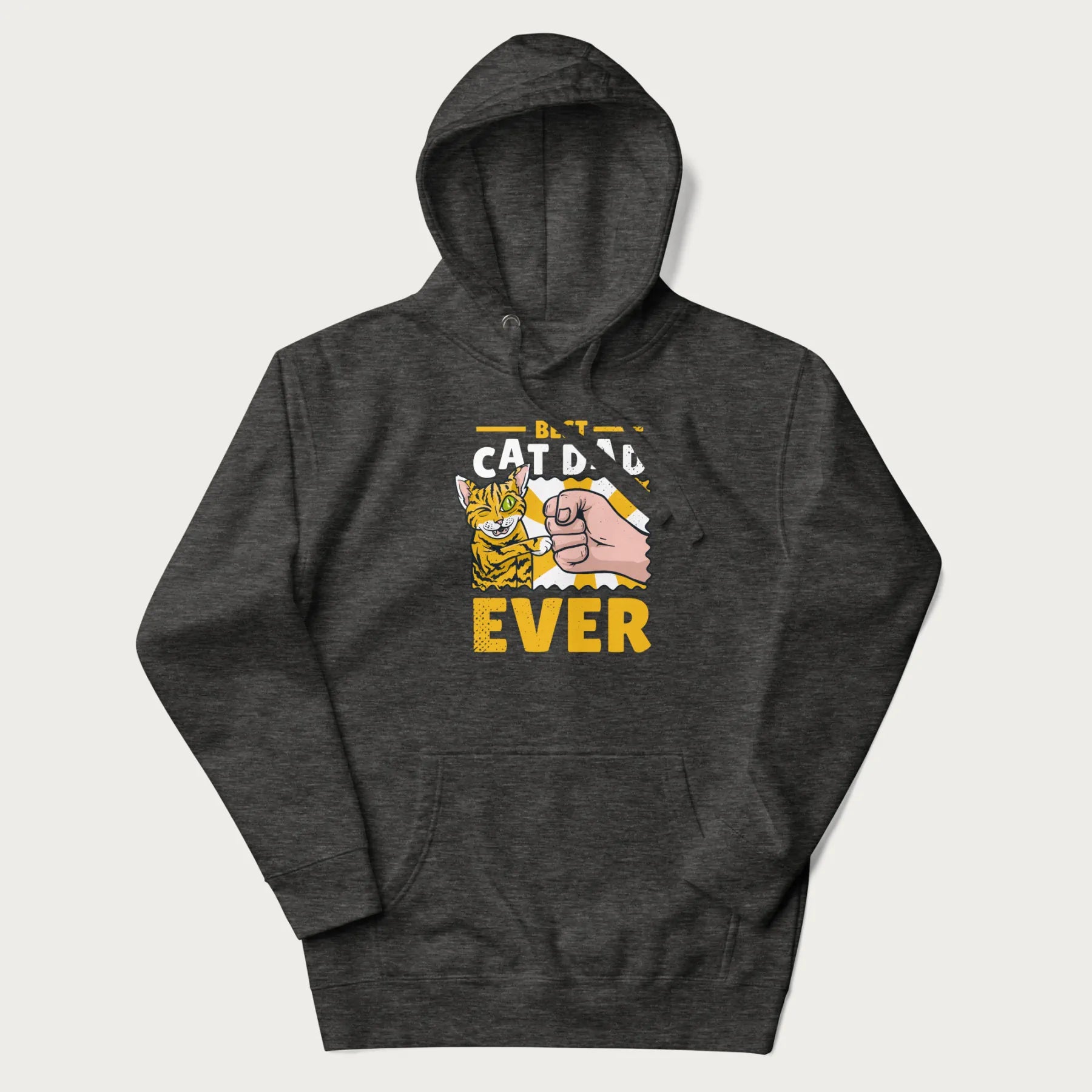 Dark grey hoodie with a graphic of a tabby cat and a human fist bumping, with 'Best Cat Dad Ever' in bold letters.