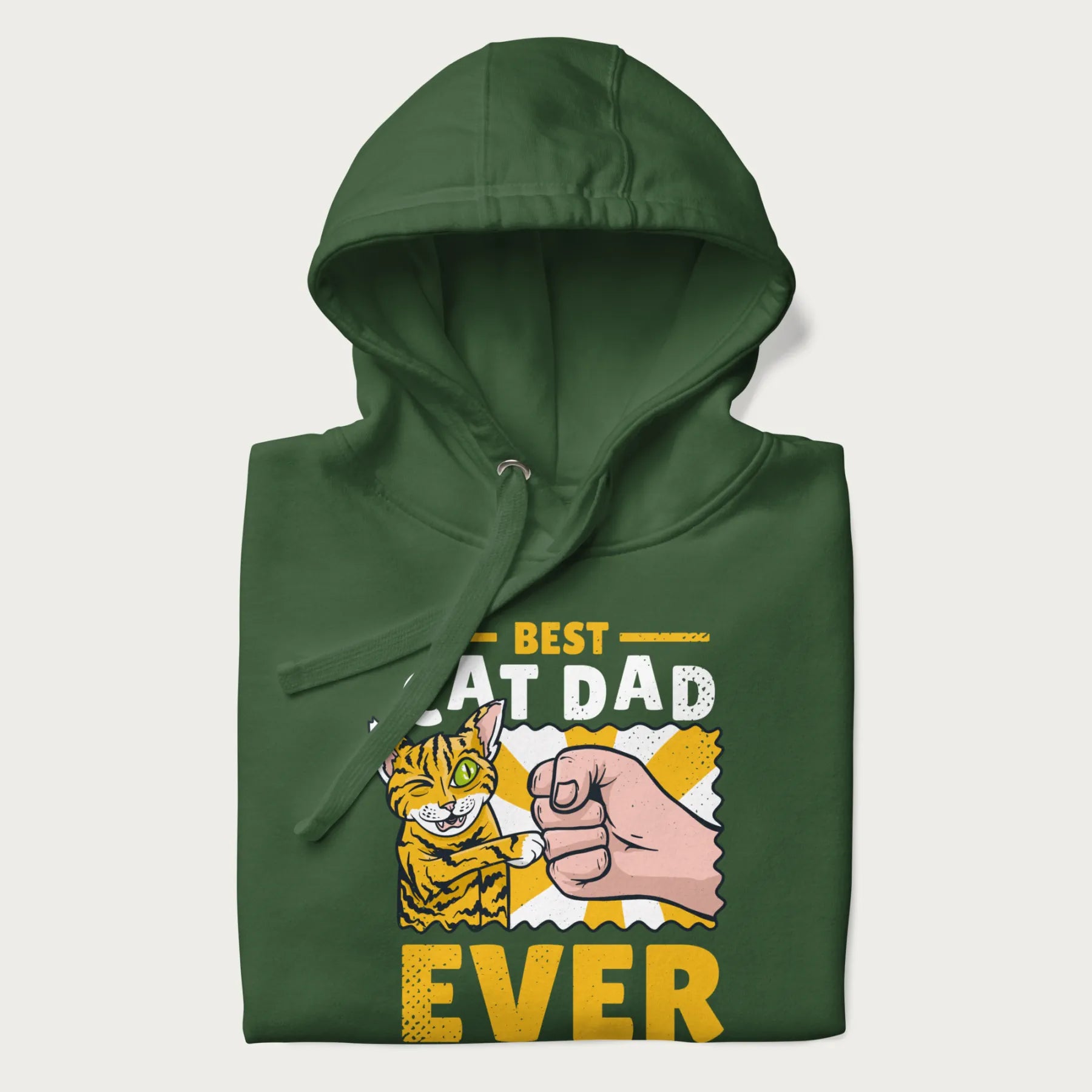 Folded forest green hoodie with a graphic of a tabby cat and a human fist bumping, with 'Best Cat Dad Ever' in bold letters.
