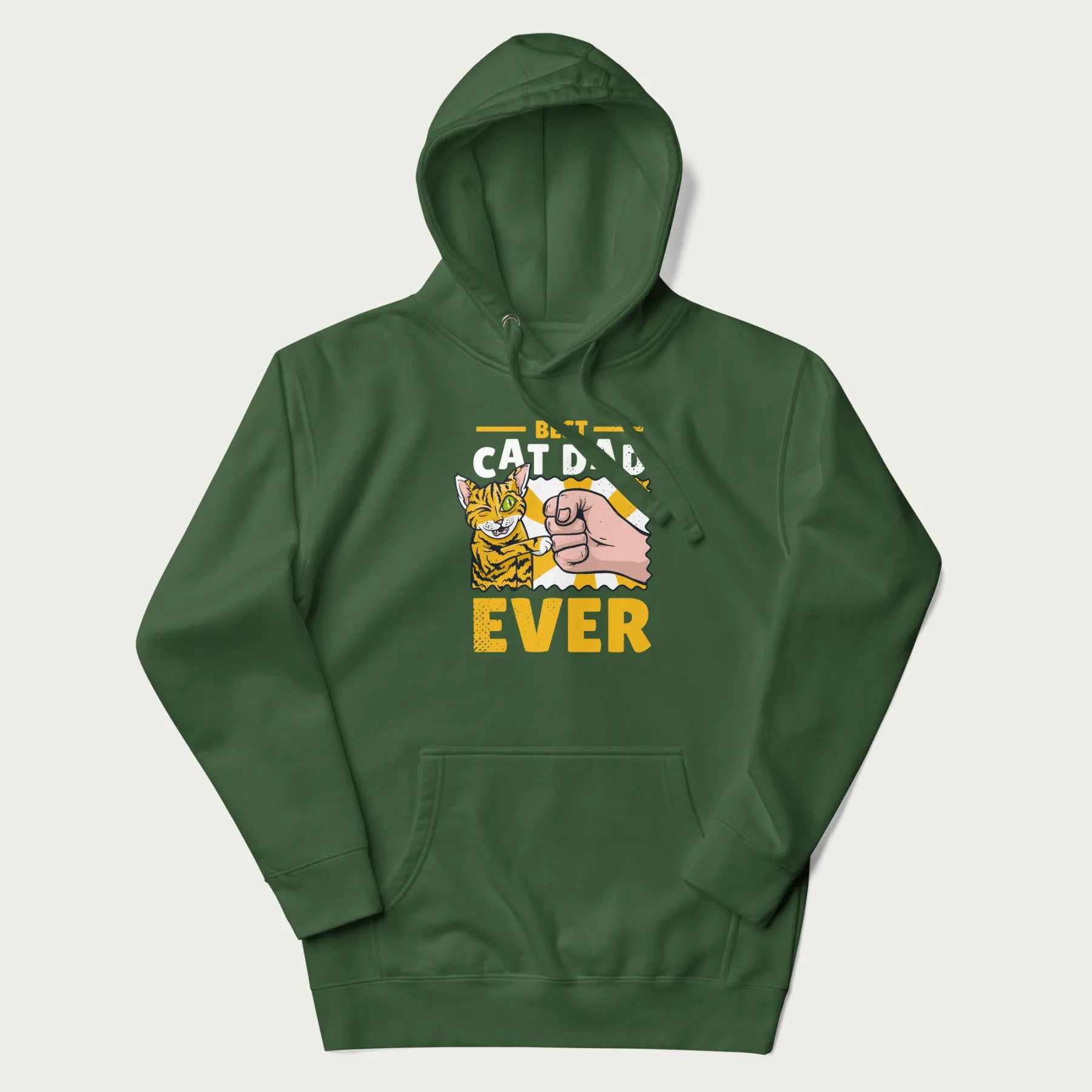 Forest green hoodie with a graphic of a tabby cat and a human fist bumping, with 'Best Cat Dad Ever' in bold letters.