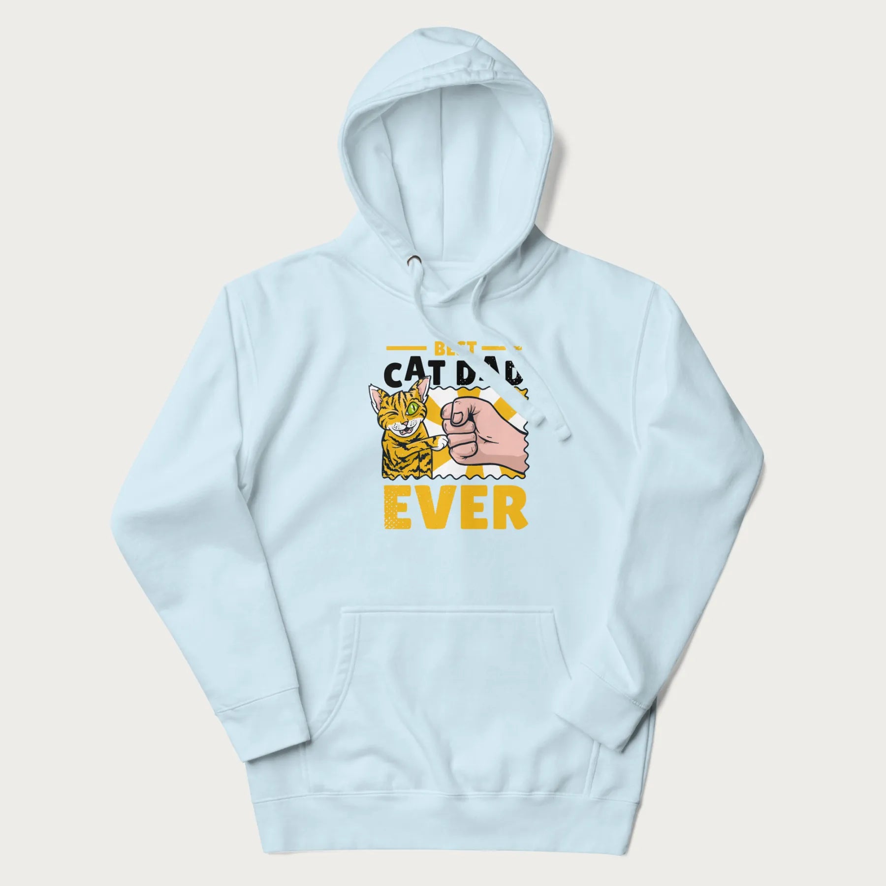 Light blue hoodie with a graphic of a tabby cat and a human fist bumping, with 'Best Cat Dad Ever' in bold letters.