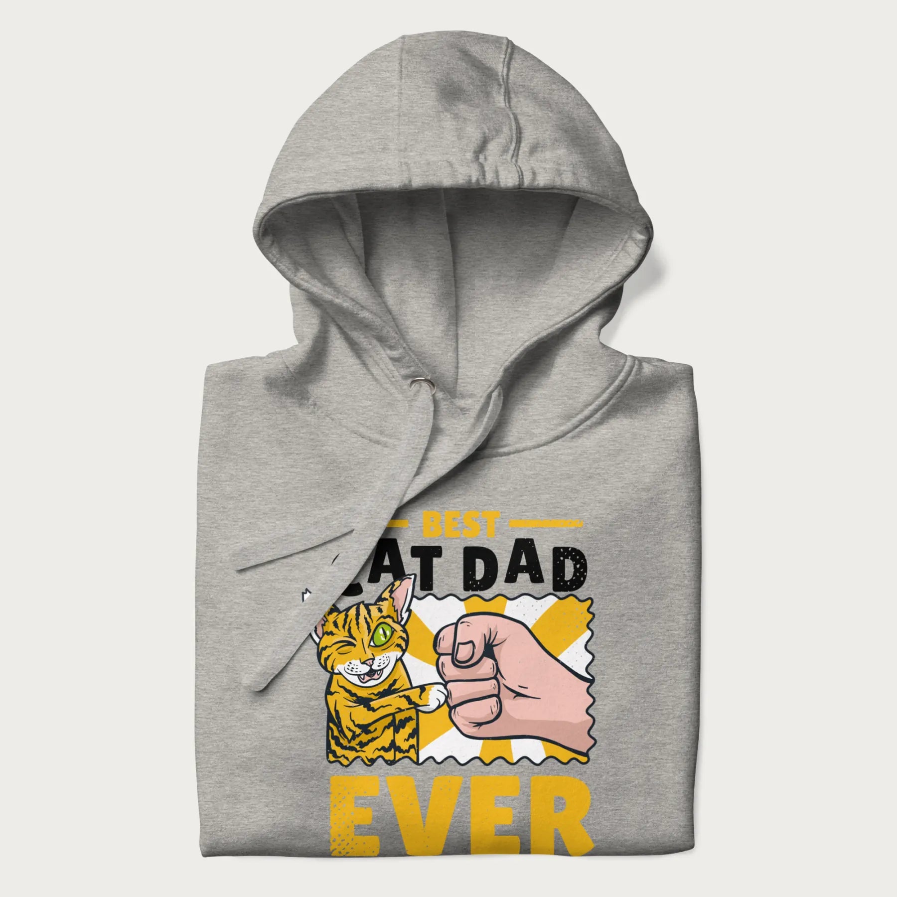 Folded light grey hoodie with a graphic of a tabby cat and a human fist bumping, with 'Best Cat Dad Ever' in bold letters.