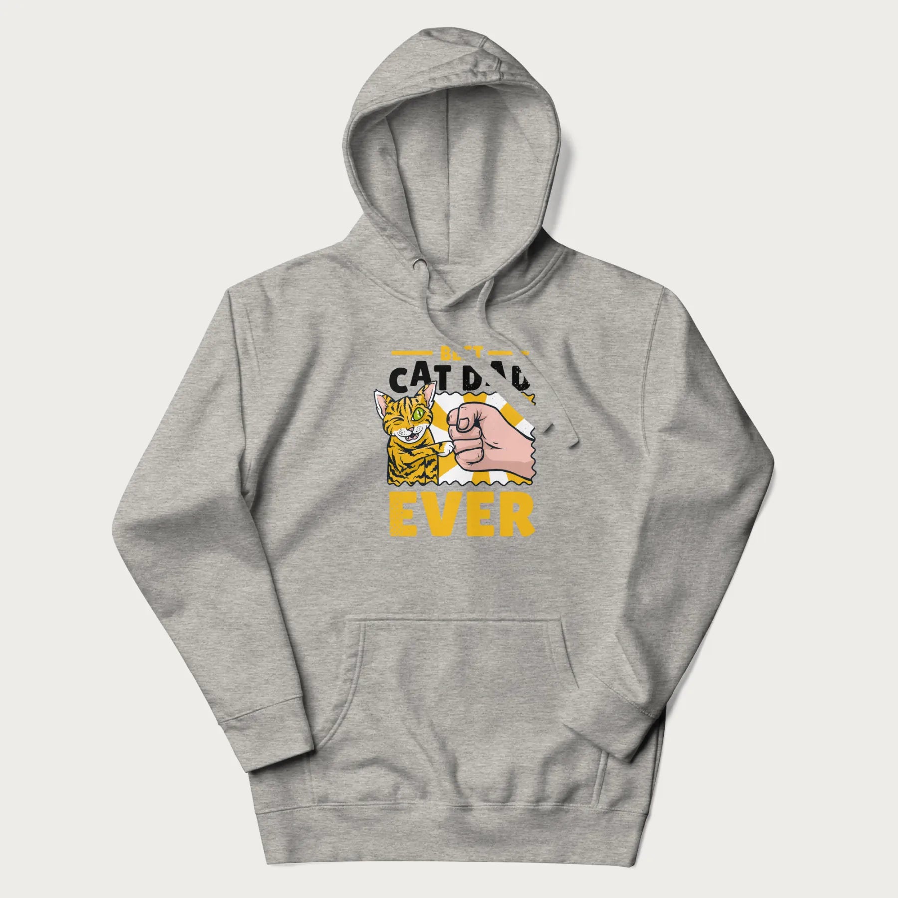 Light grey hoodie with a graphic of a tabby cat and a human fist bumping, with 'Best Cat Dad Ever' in bold letters.