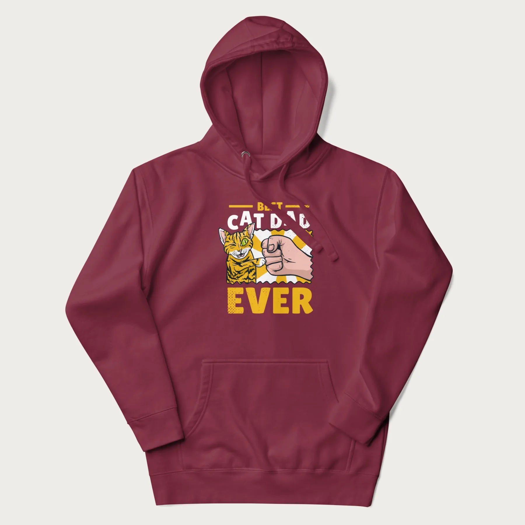 Maroon hoodie with a graphic of a tabby cat and a human fist bumping, with 'Best Cat Dad Ever' in bold letters.
