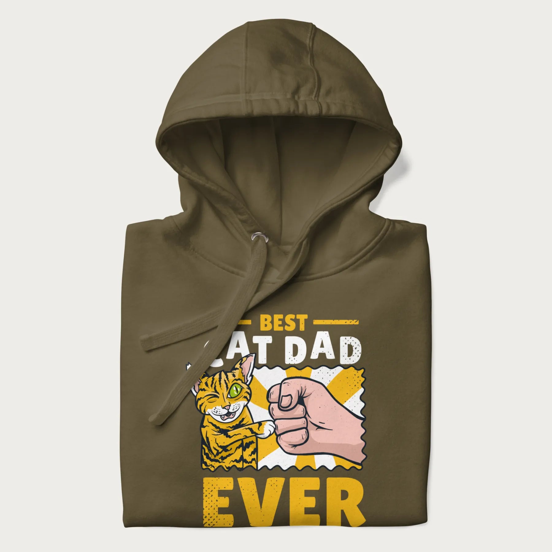 Folded military green hoodie with a graphic of a tabby cat and a human fist bumping, with 'Best Cat Dad Ever' in bold letters.