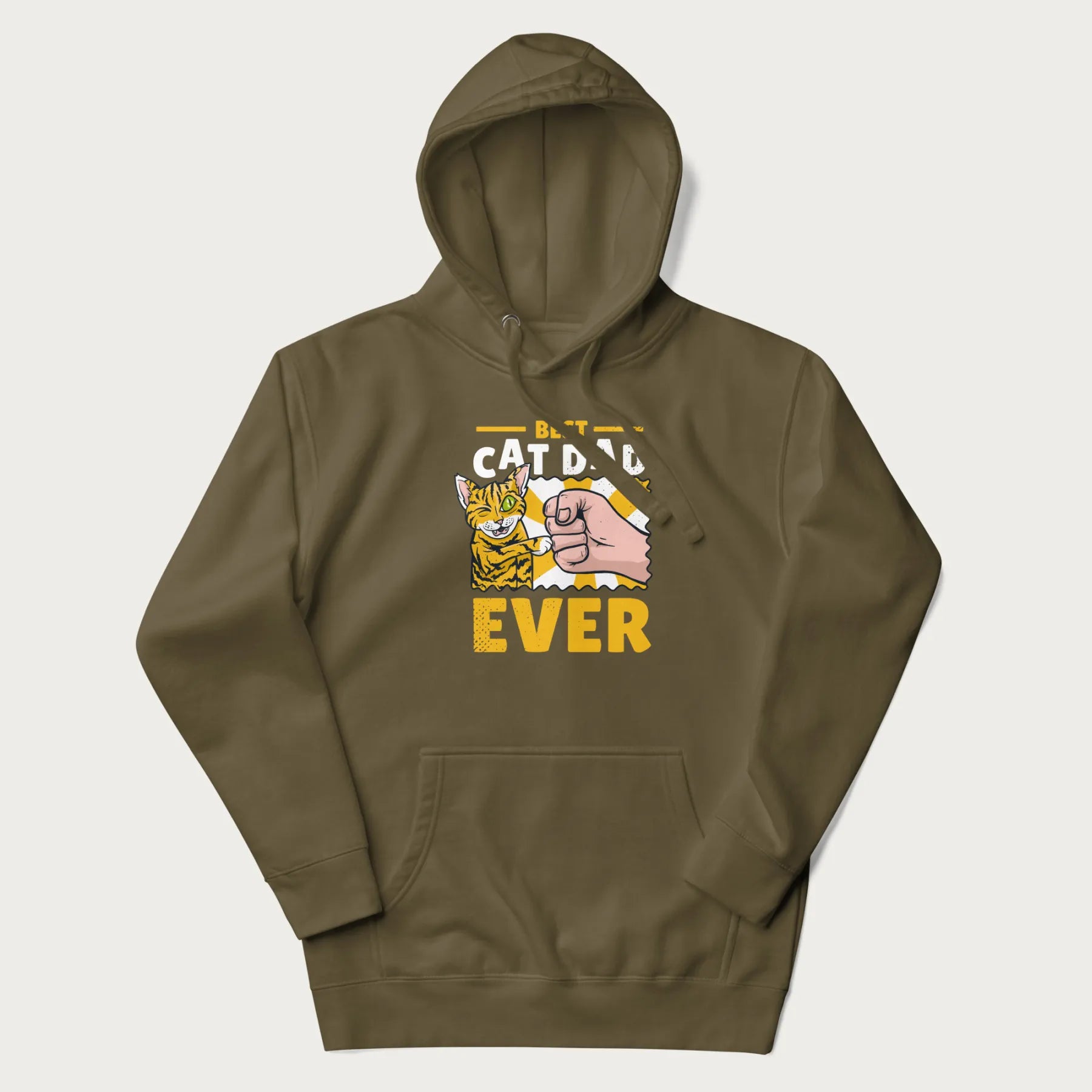 Military green hoodie with a graphic of a tabby cat and a human fist bumping, with 'Best Cat Dad Ever' in bold letters.