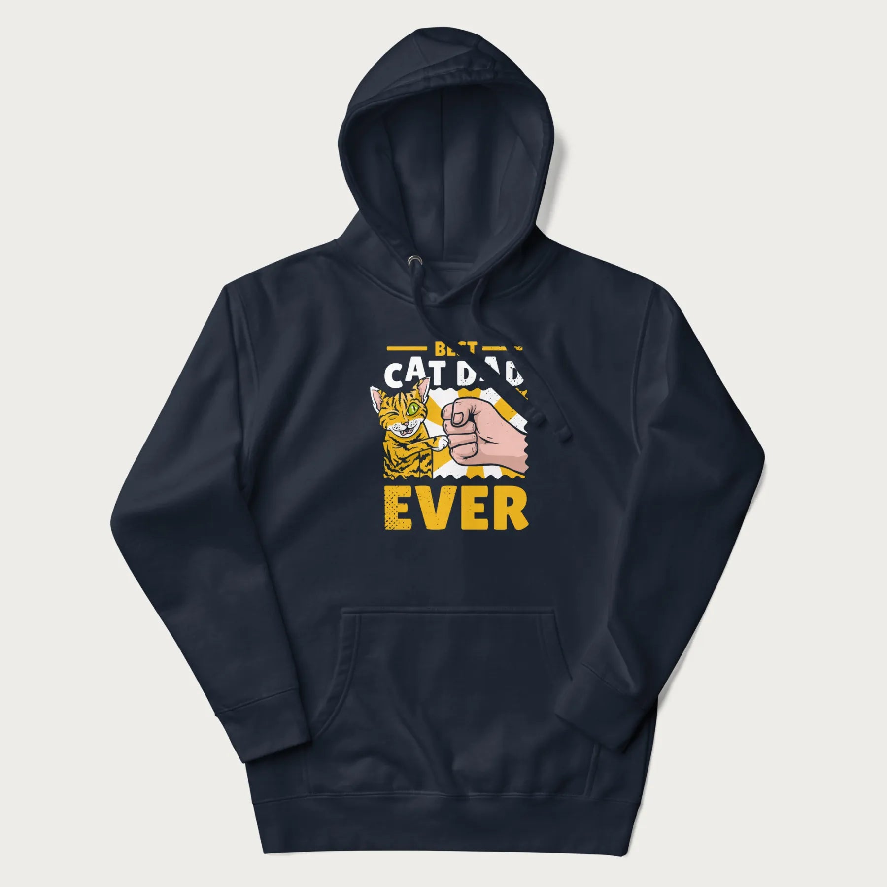 Navy blue hoodie with a graphic of a tabby cat and a human fist bumping, with 'Best Cat Dad Ever' in bold letters.