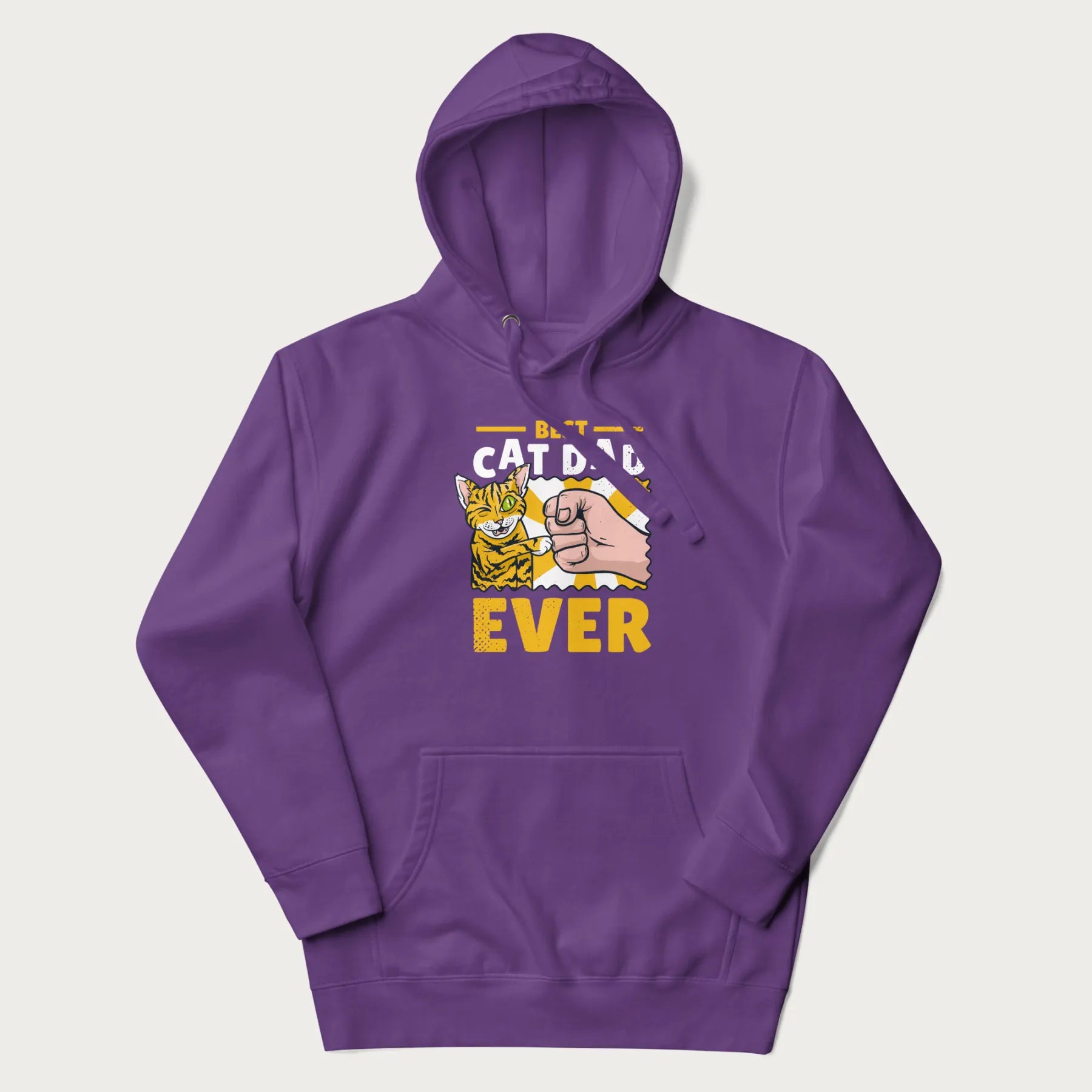 Purple hoodie with a graphic of a tabby cat and a human fist bumping, with 'Best Cat Dad Ever' in bold letters.