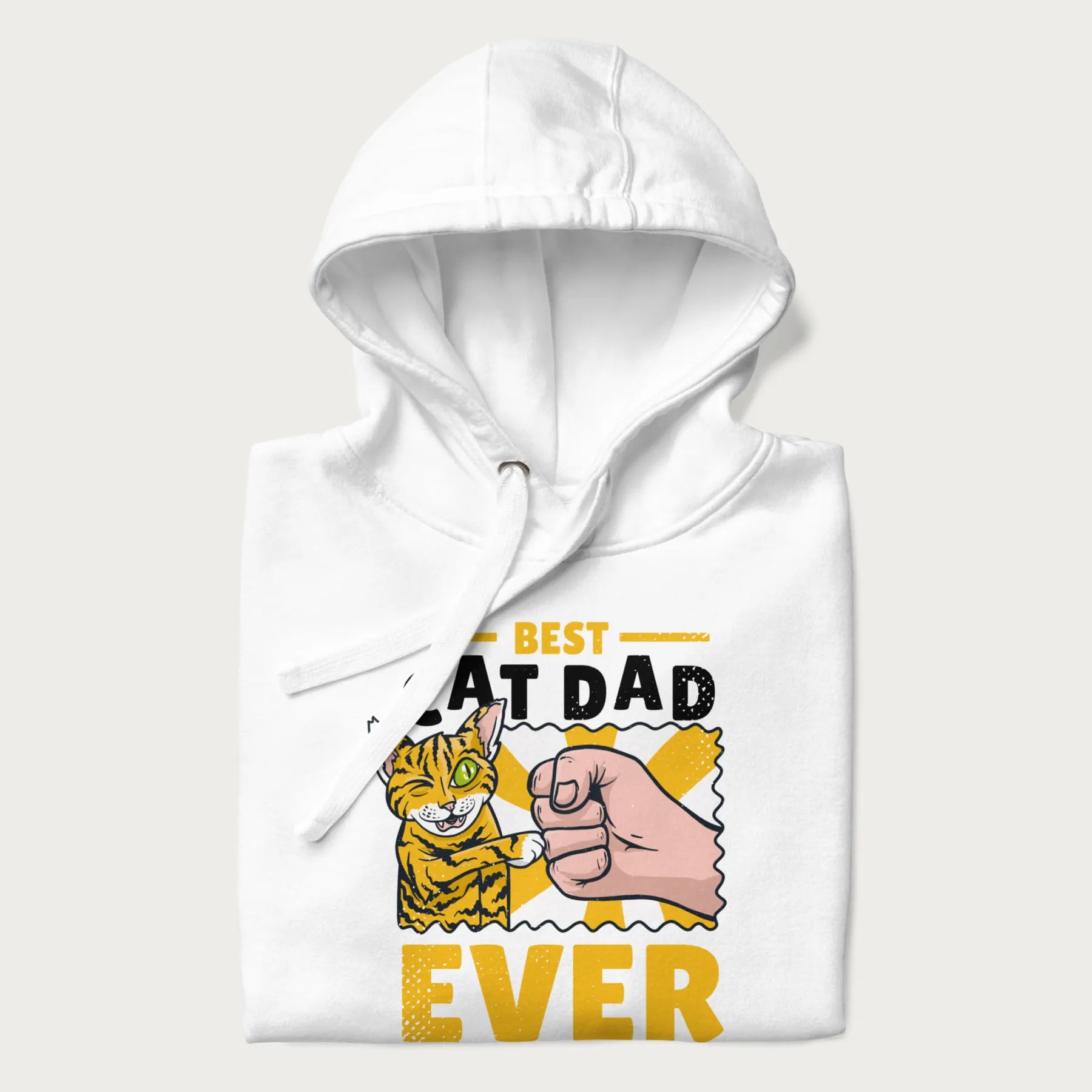 Folded white hoodie with a graphic of a tabby cat and a human fist bumping, with 'Best Cat Dad Ever' in bold letters.
