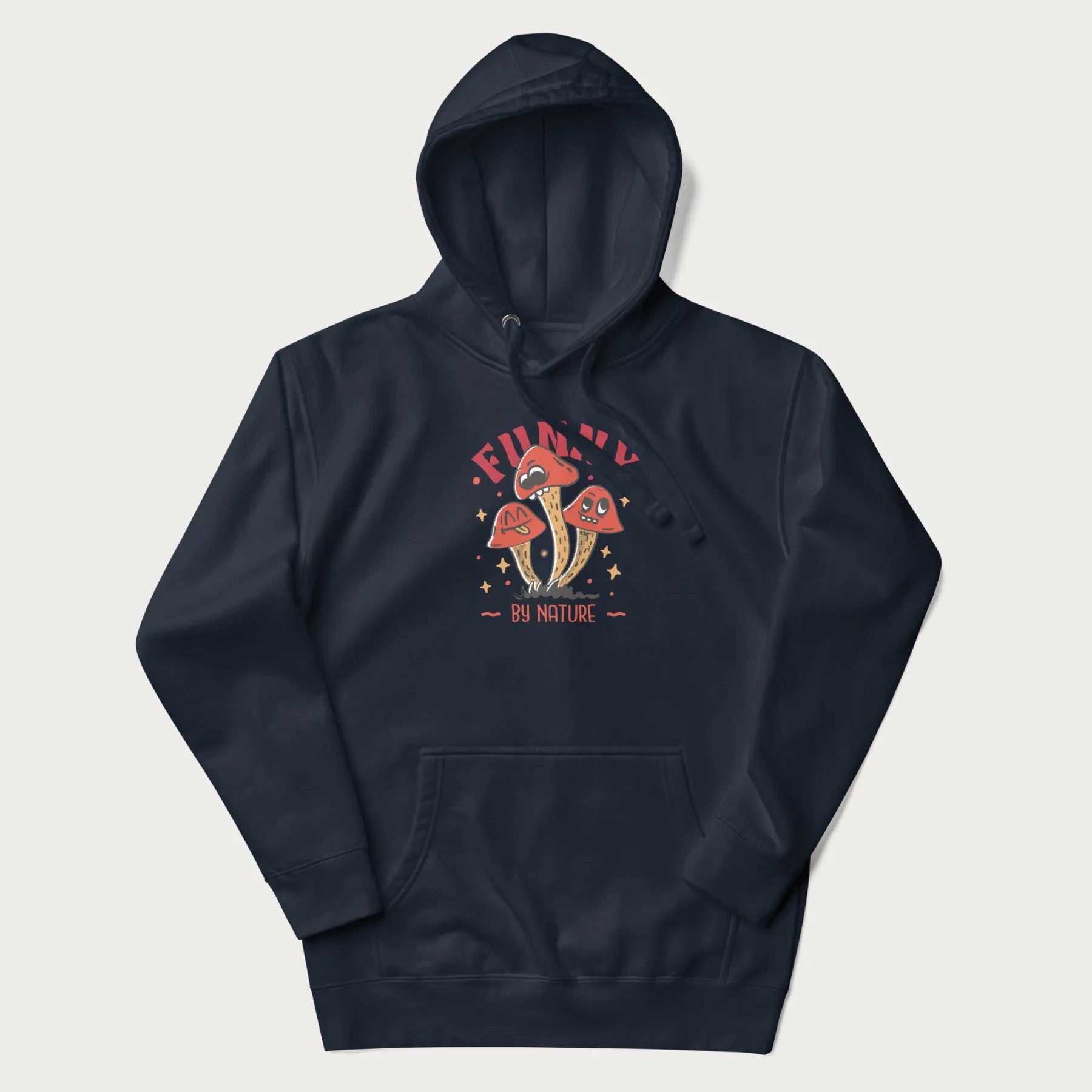 Navy blue hoodie featuring a playful graphic of three mushrooms with expressive faces and the text "Funny by Nature."