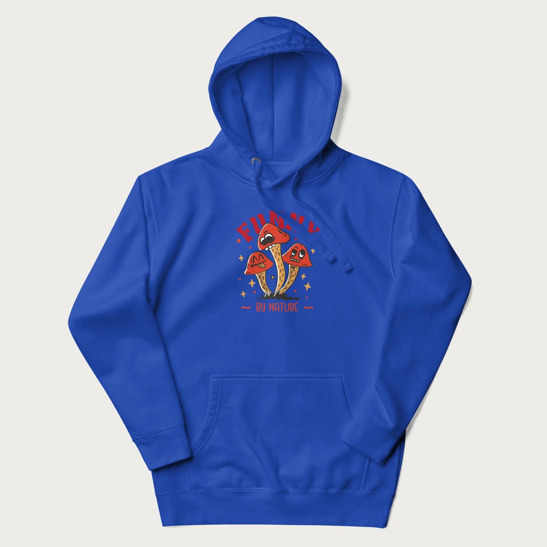 Royal blue hoodie featuring a playful graphic of three mushrooms with expressive faces and the text "Funny by Nature."